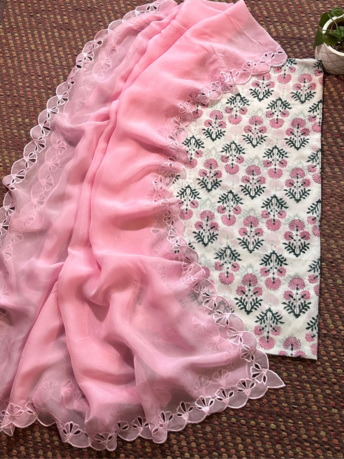 Pure Cotton Handblocked Fabric with Exclusive Cutwork Organza Dupatta