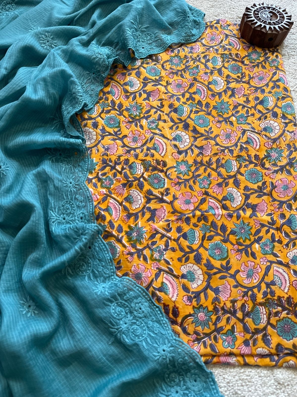 Kesari Set- Hand-block Fabric with Embroidered Dupatta