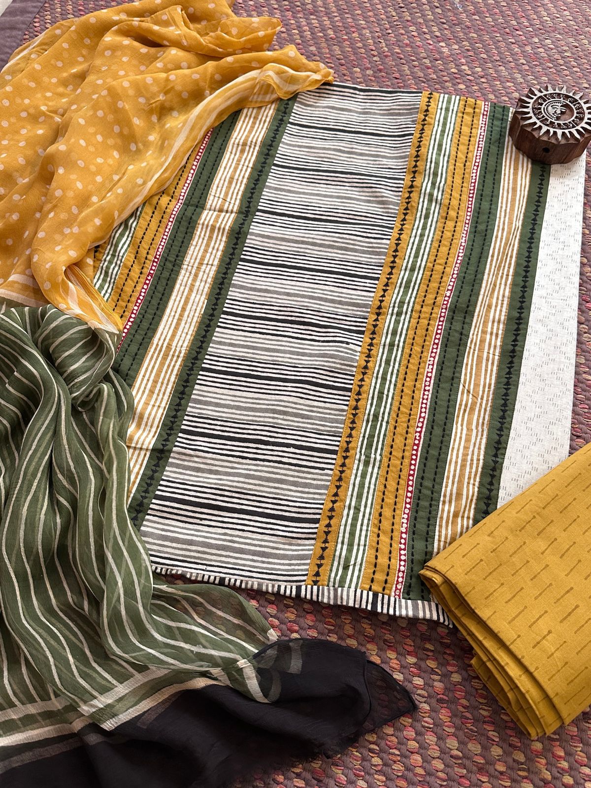 Pure Cotton Patch work Unstitched Set with pure chiffon Dupatta