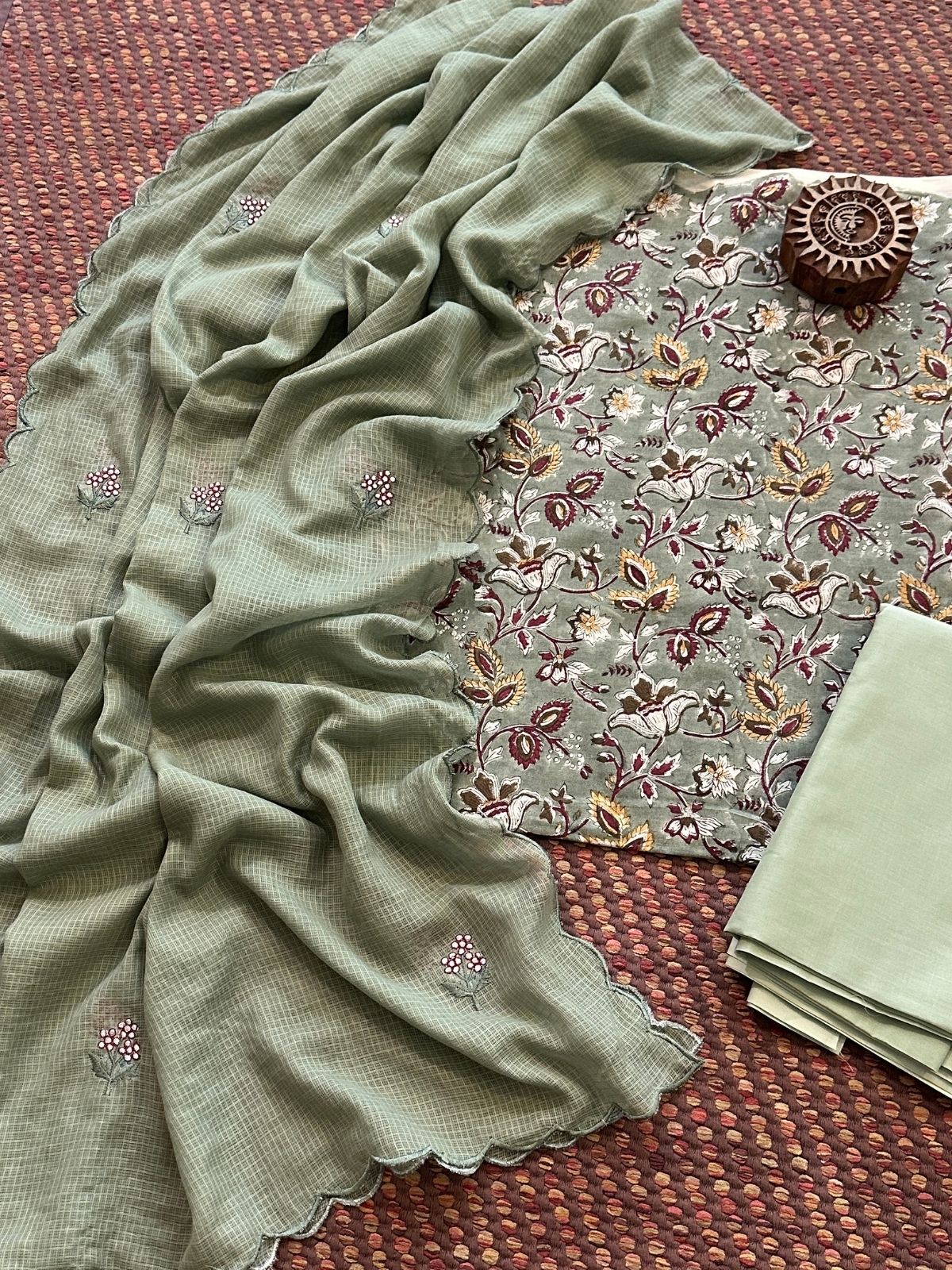 Pure Cotton Hand blocked Set with Embroidered Dupatta