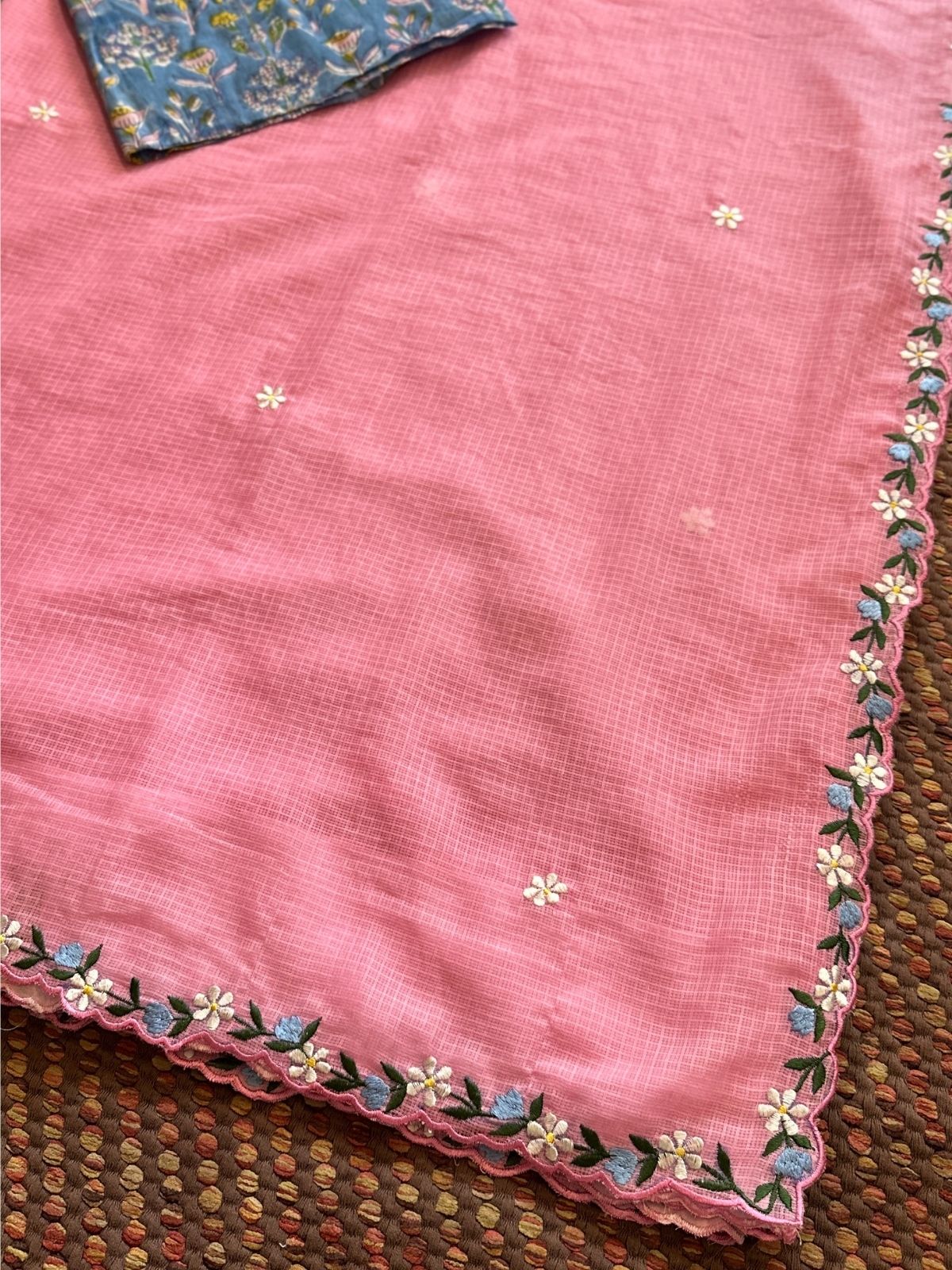 Kota Doria Embroidered Saree with Hand Block Blouse fabric