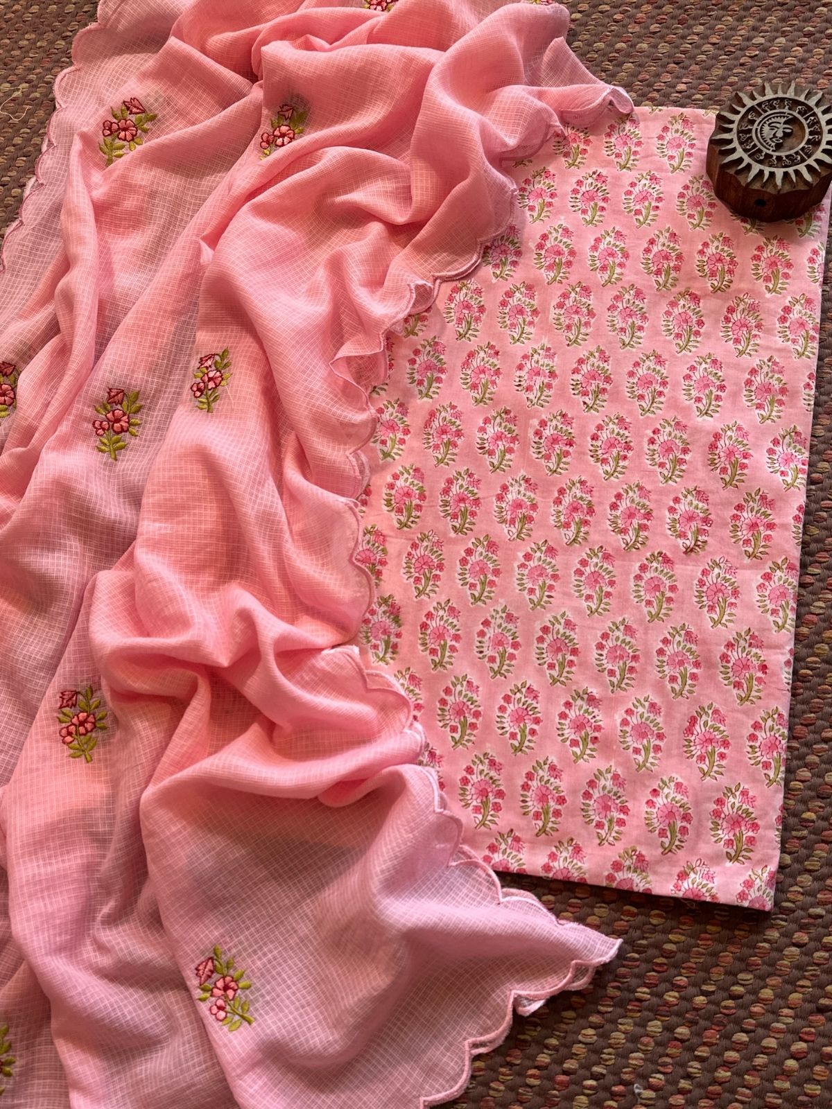 Pure Cotton Hand-blocked fabric with Embroidered Dupatta