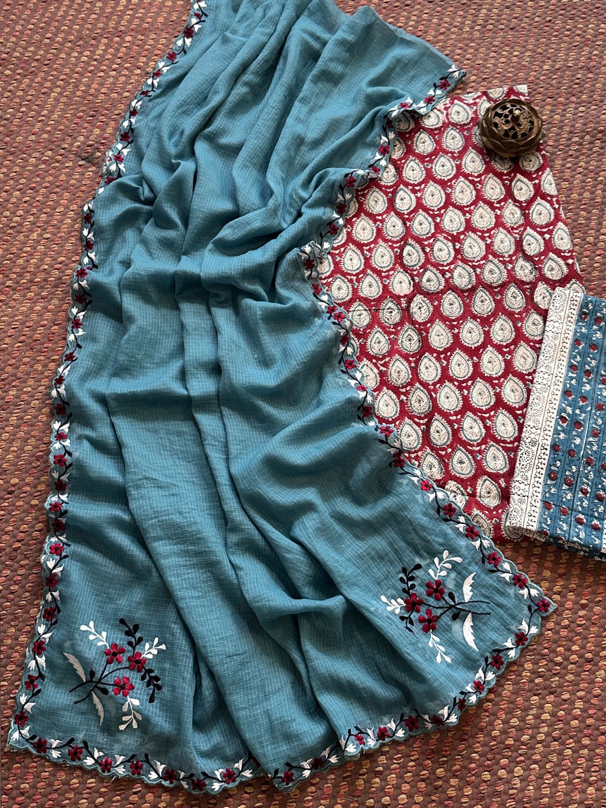 Pure Cotton  Hand blocked Set with Embroidered Dupatta