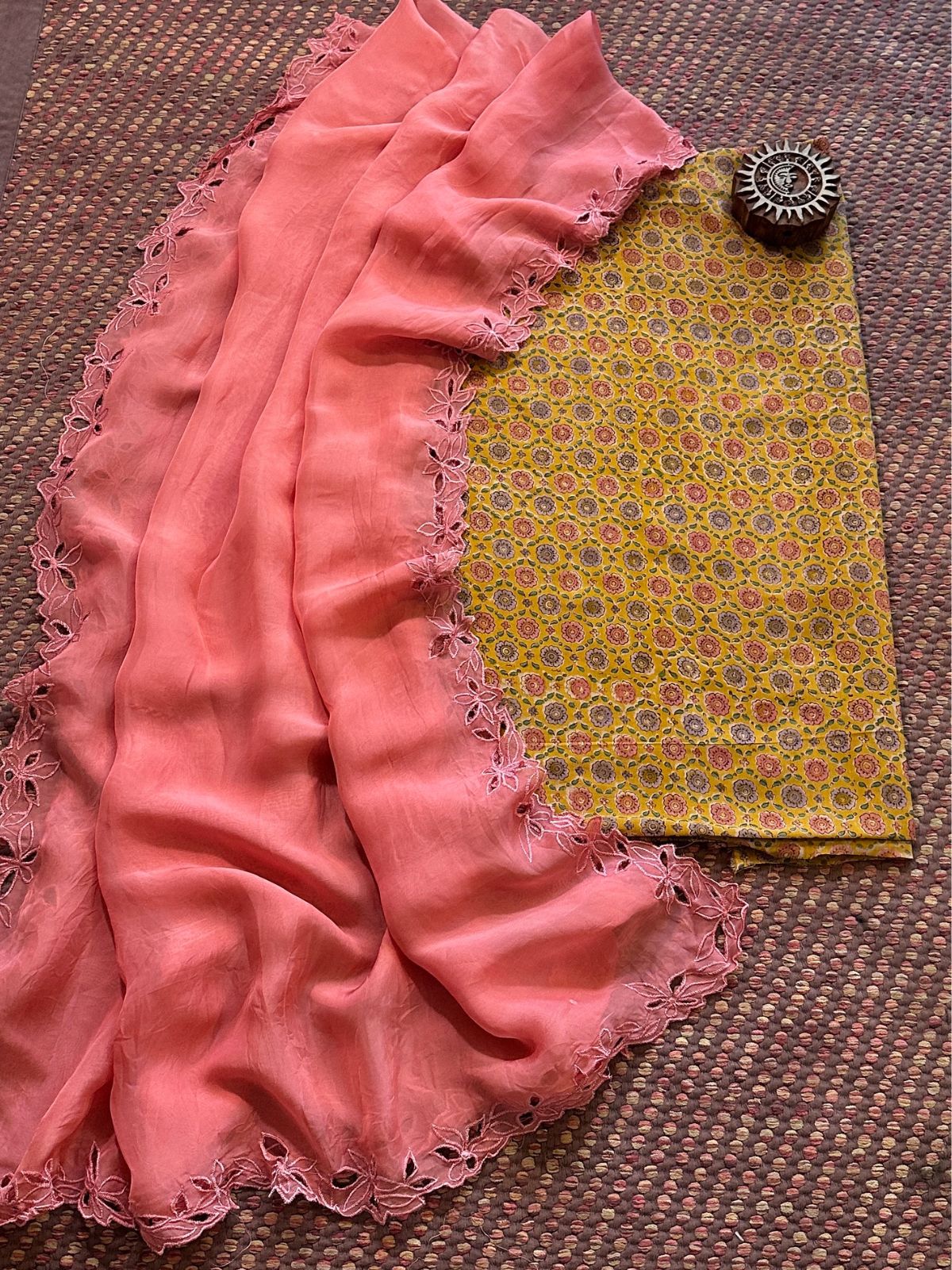 Pure Cotton Malmal Handblocked Fabric with Exclusive Cutwork Organza Dupatta