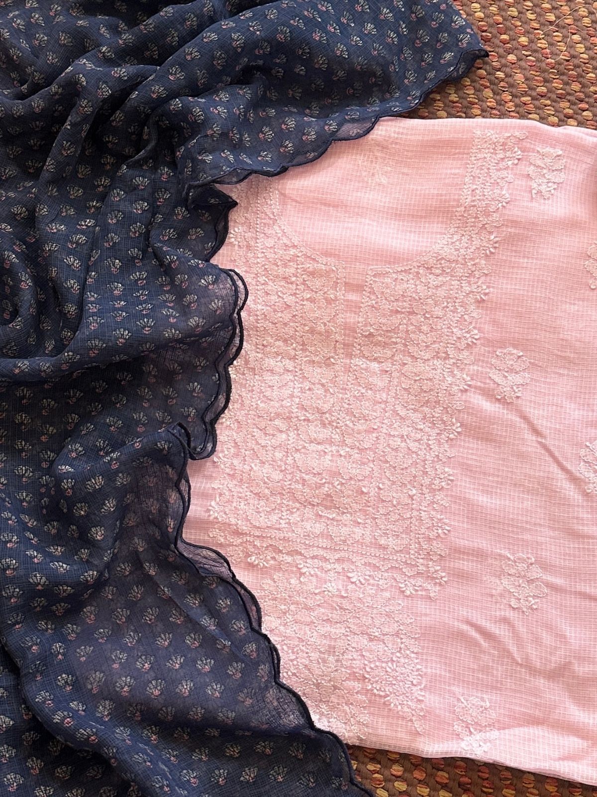 Chikankari Hand Embroidered Fabric with Indigo Hadblocked Kota Dupatta