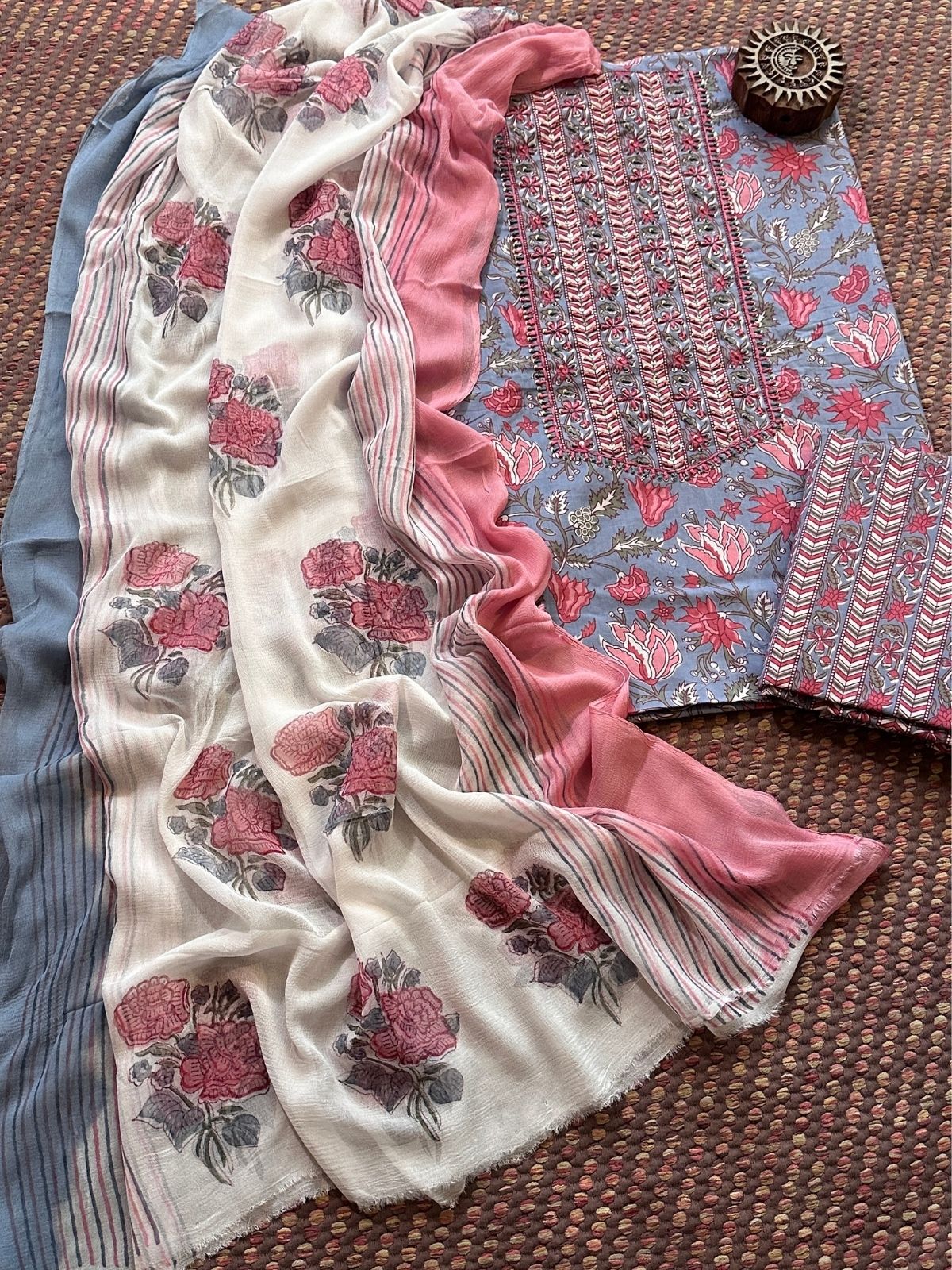 Pure Cotton Handblocked Unstitched Set with pure chiffon Dupatta