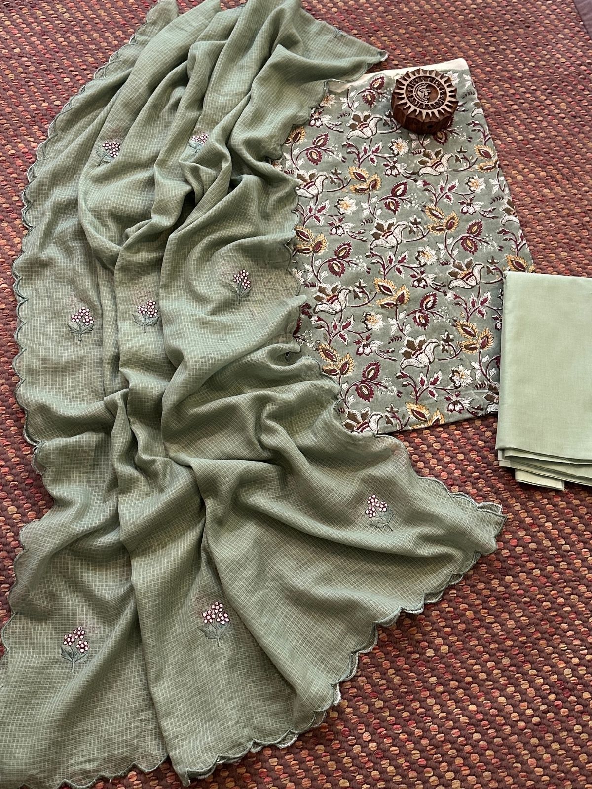 Pure Cotton Hand blocked Set with Embroidered Dupatta