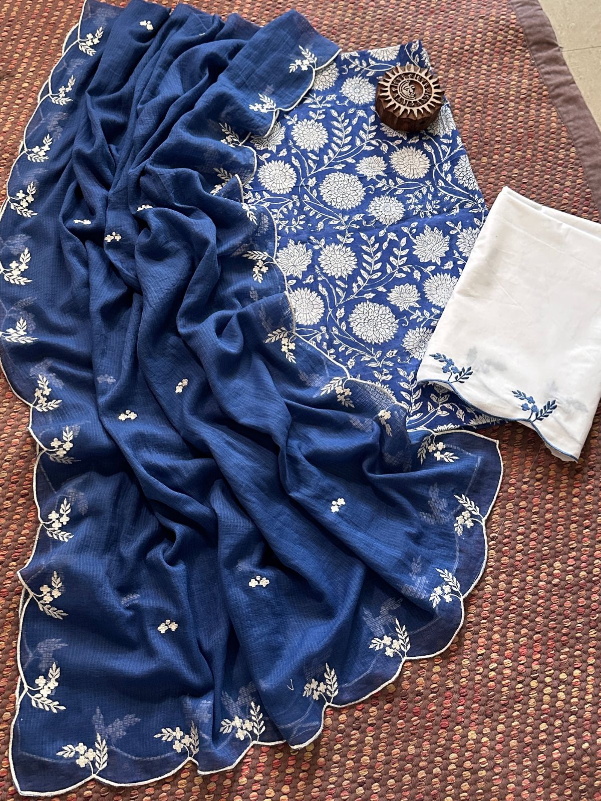 Pure Cotton Hand-block Fabric with Embroidered Bottom & Kota Doria Dupatta