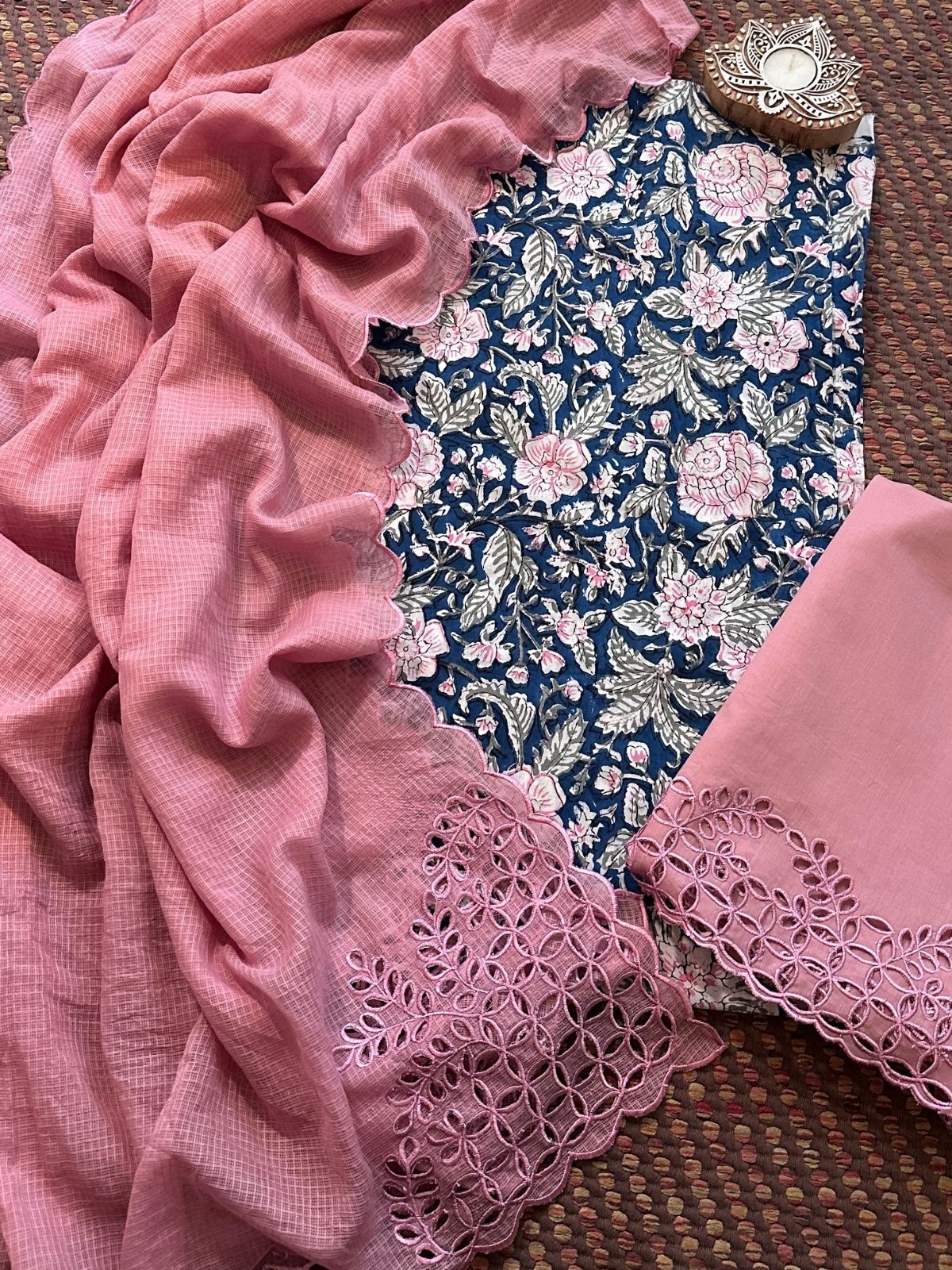 Pure Cotton Hand-blocked Fabric with Cutwork Bottom & Kota Doria Dupatta