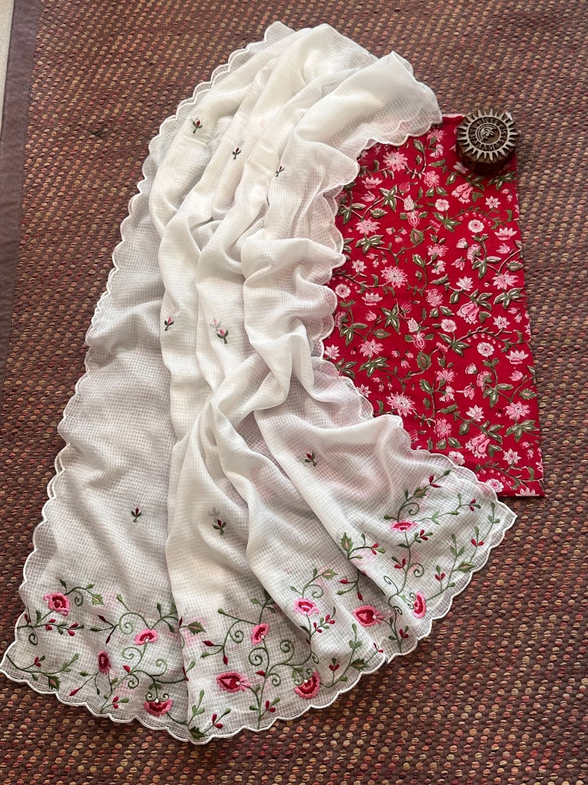 Pure Cotton Handblock Fabric with Exclusive Embroidered Dupatta