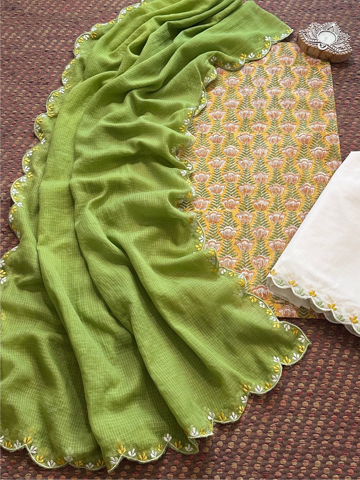 Pure Cotton Hand blocked Set with Embroidered Dupatta