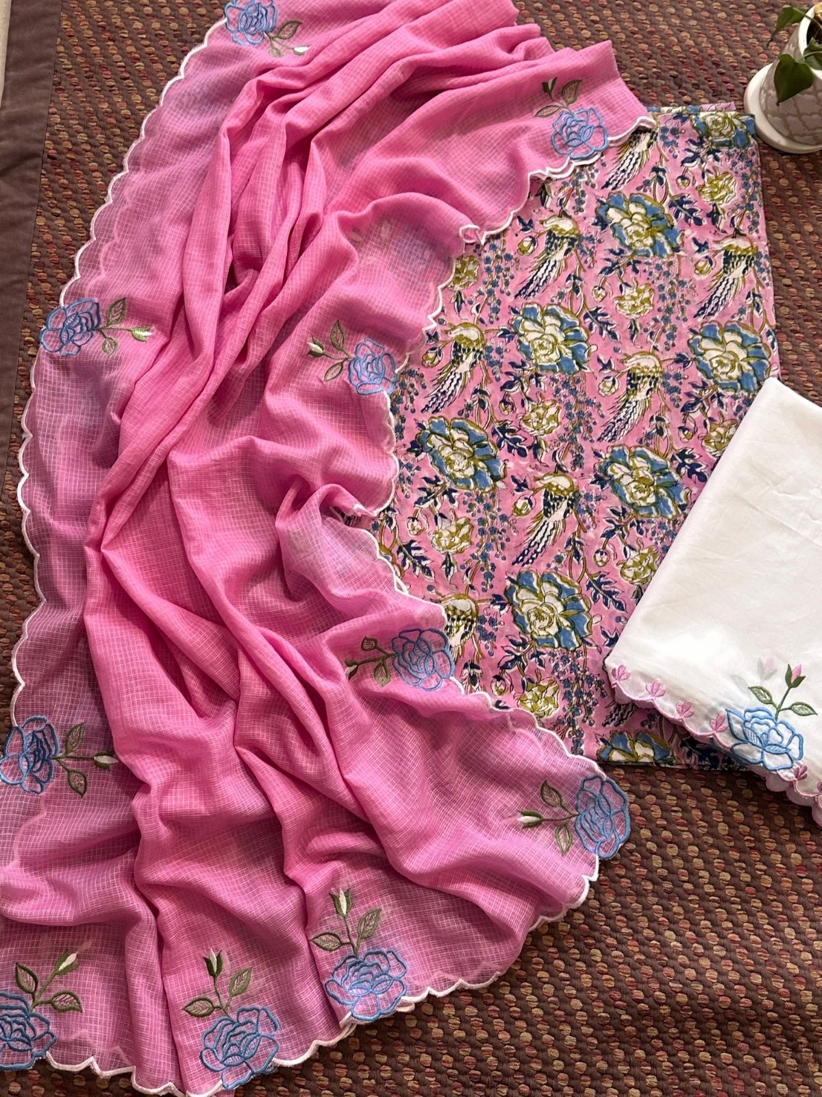 Pure Cotton Malmal Hand-block Fabric with Embroidered Bottom & Kota Doria Dupatta