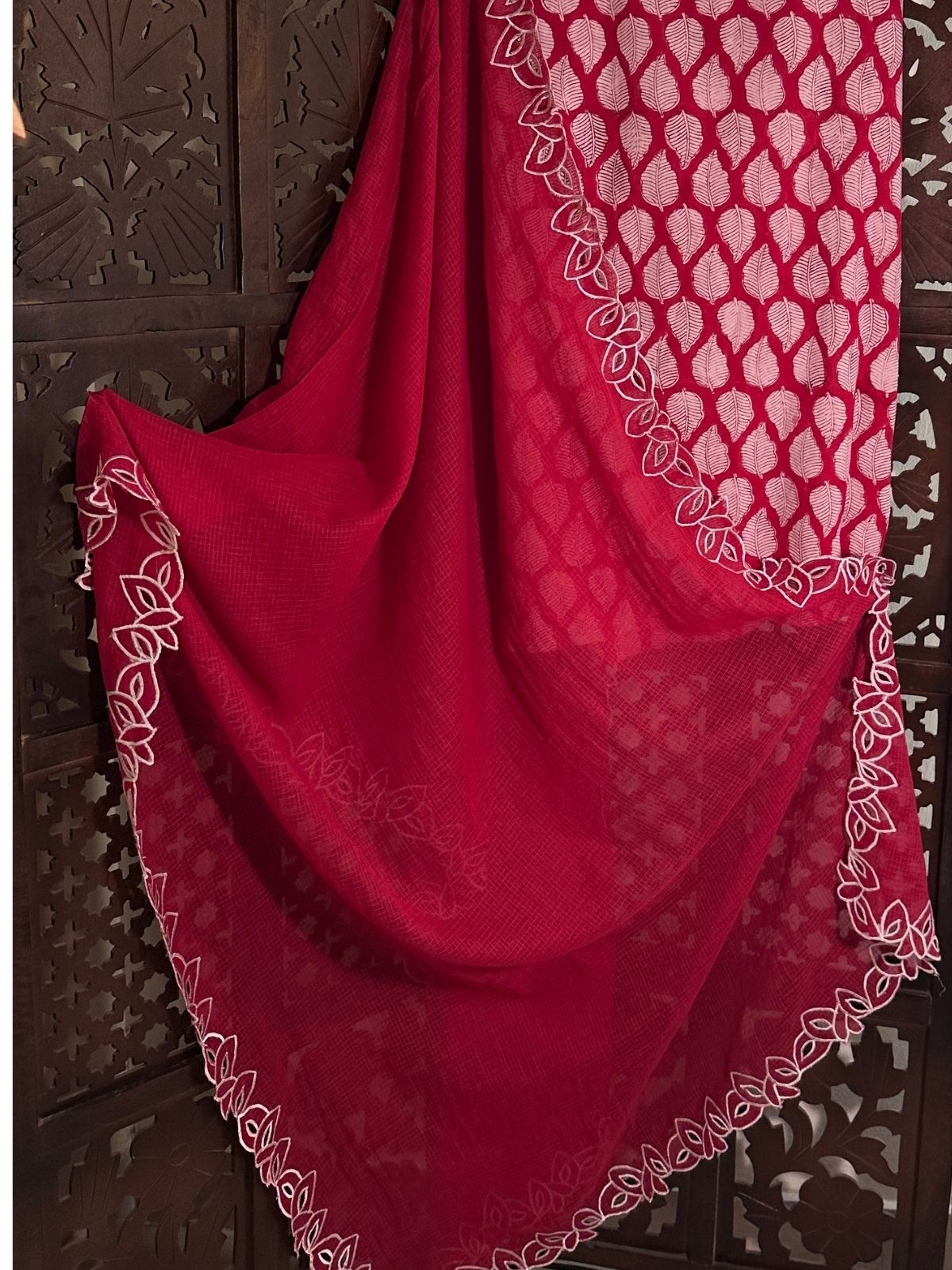 Pure Cotton Handblock Fabric with Cutwork Embroidered Dupatta