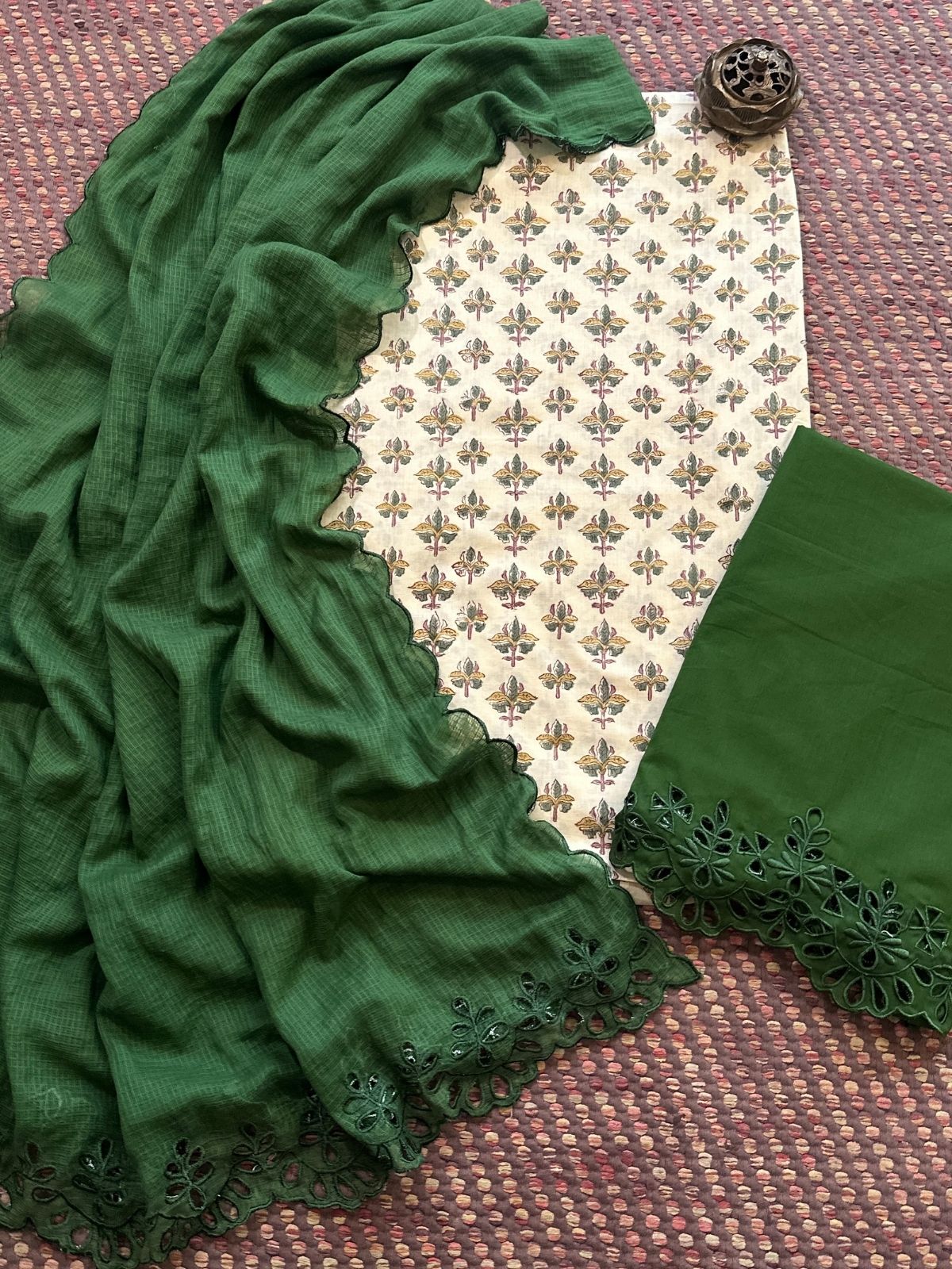 Pure Cotton Hand-blocked Fabric with Cutwork Bottom & Kota Doria Dupatta