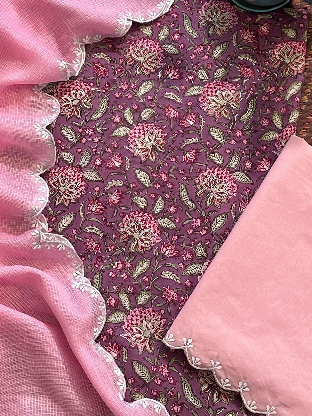 Pure Cotton Handblocked Fabric with Embroidered Dupatta & Bottom