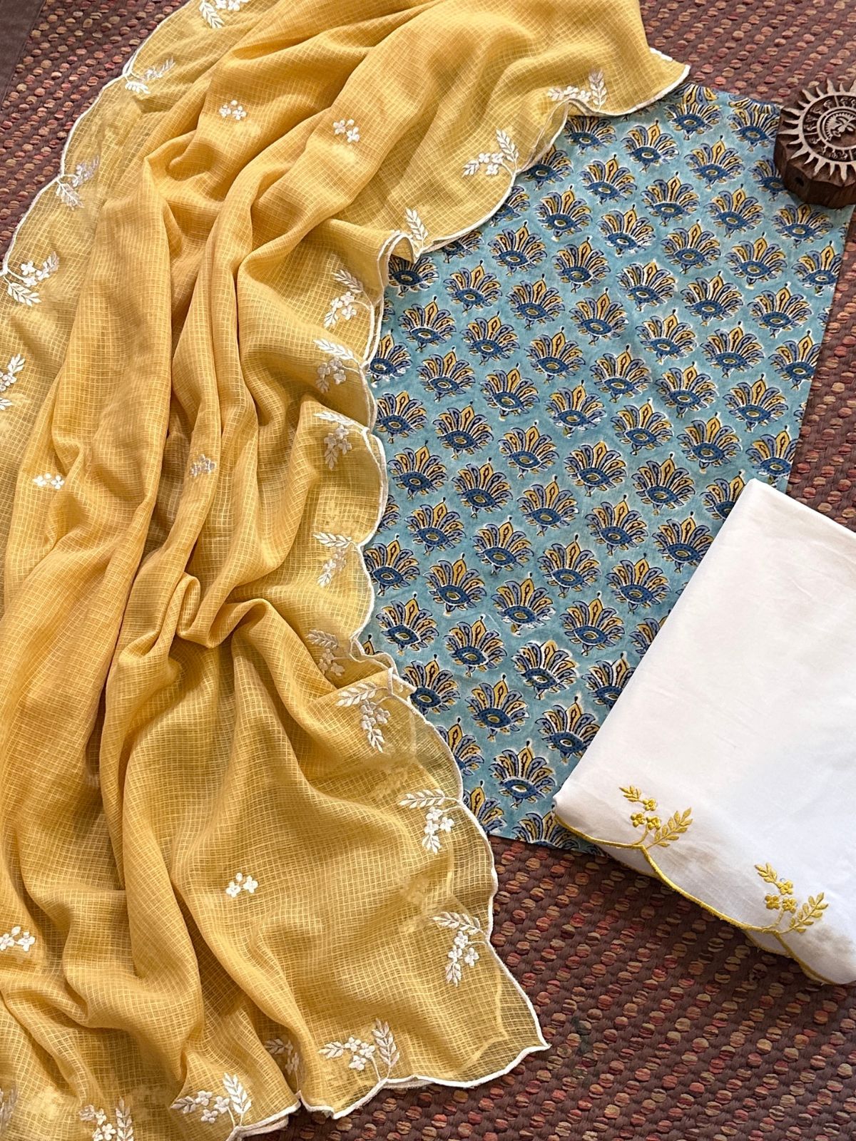 Pure Cotton Malmal Hand-block Fabric with Embroidered Bottom & Kota Doria Dupatta
