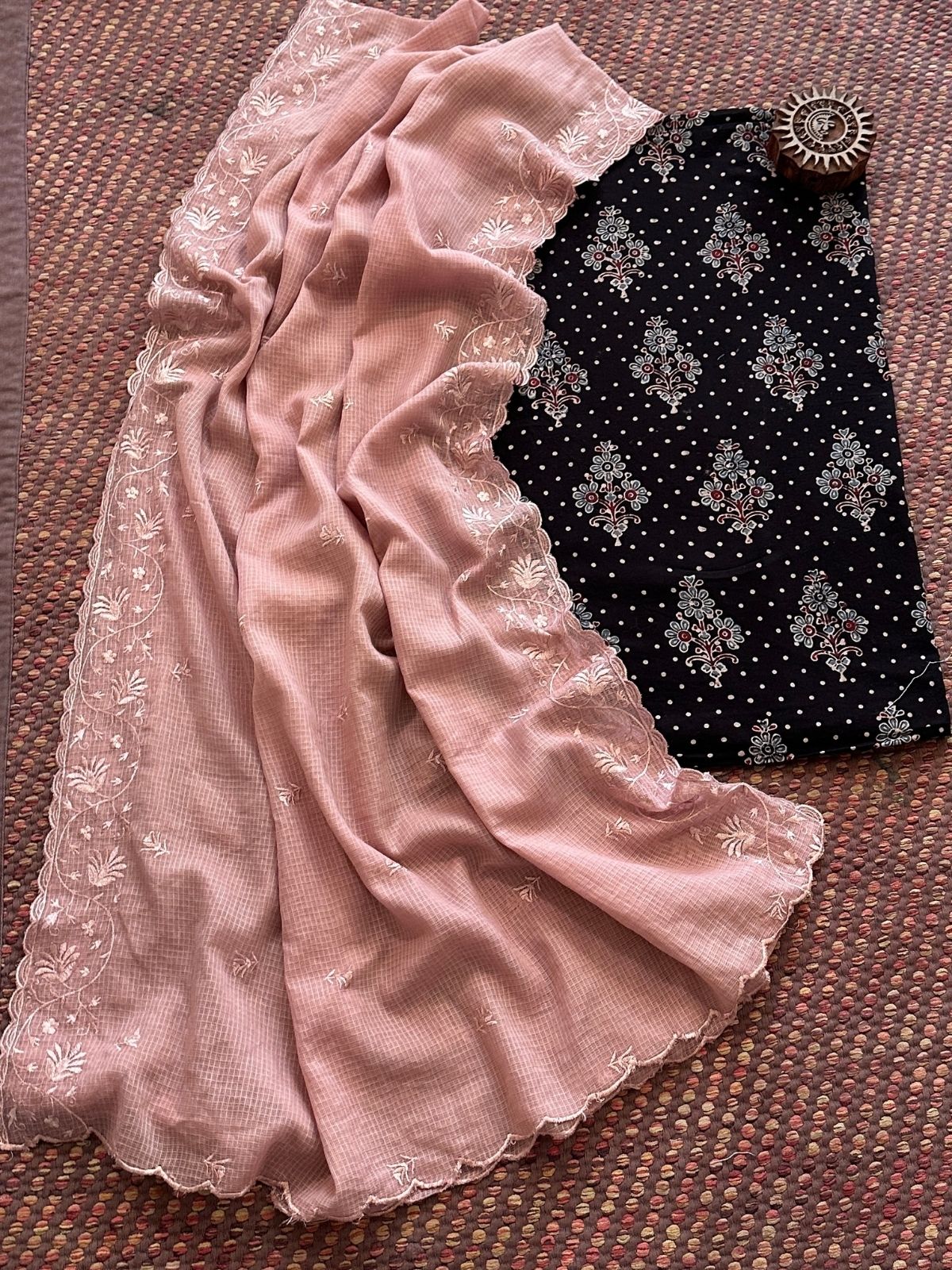 Ajrakh handblocked pure cotton mamal fabric with kota doria embroidered dupatta