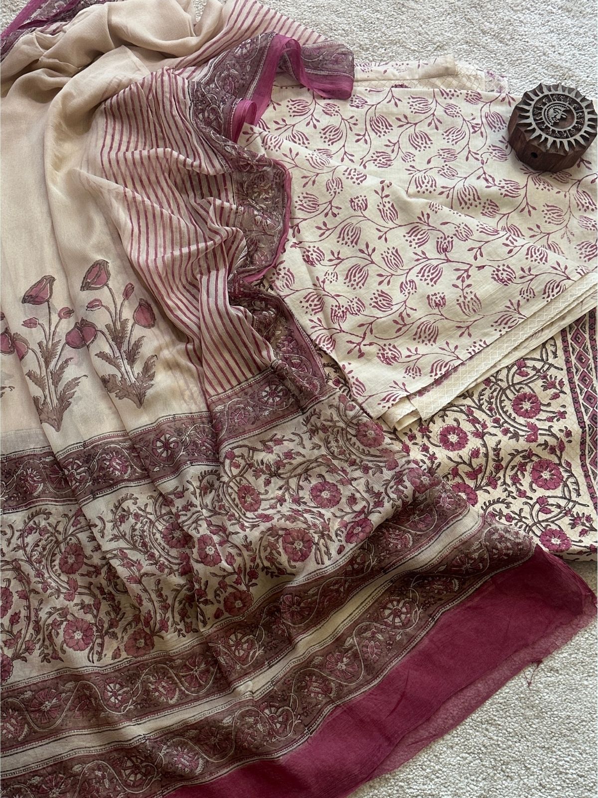 Pure Cotton Handblocked Unstitched Set with pure chiffon Dupatta