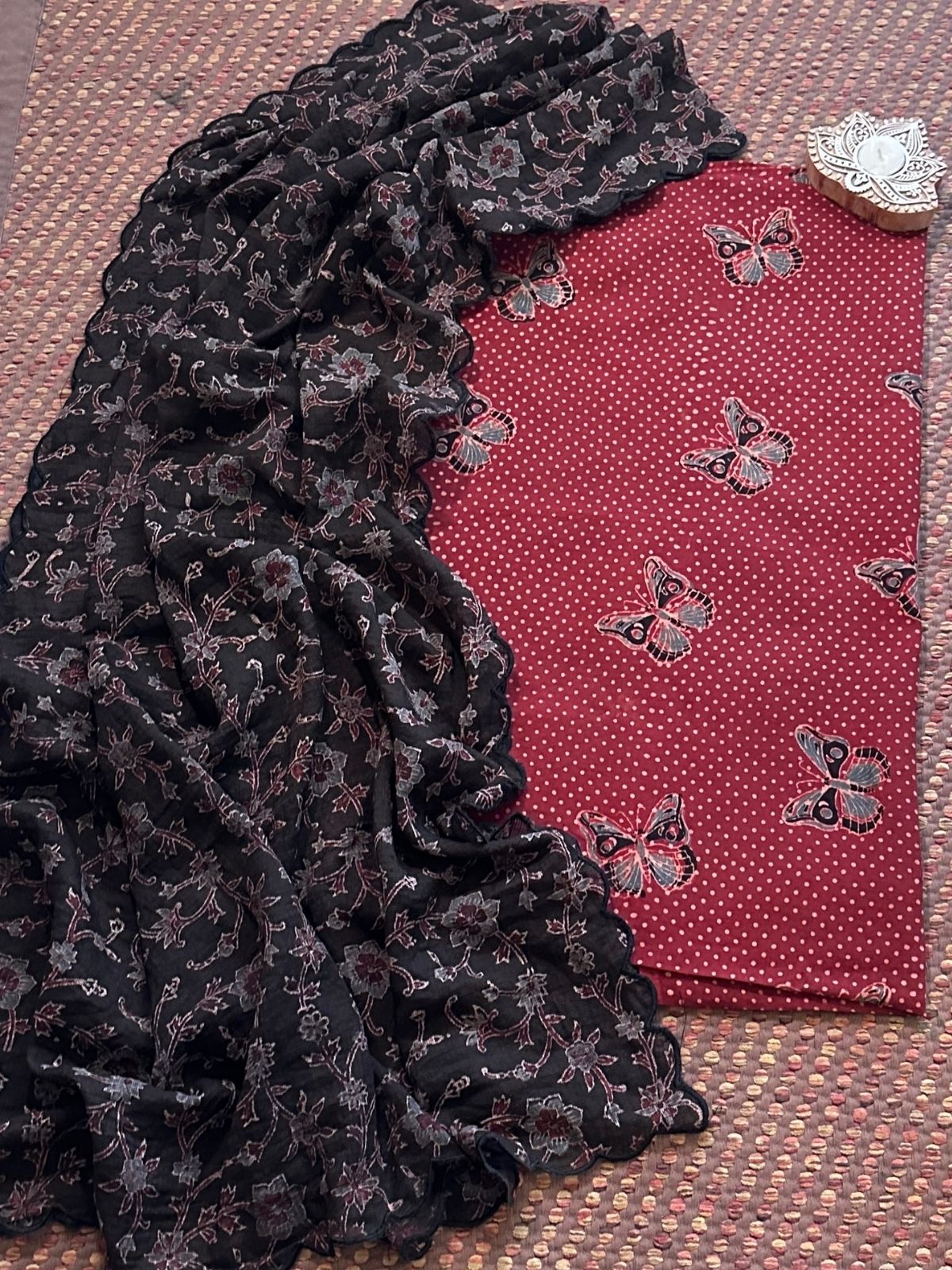 Ajrakh Cotton Malmal Handblocked Set- Top & Dupatta