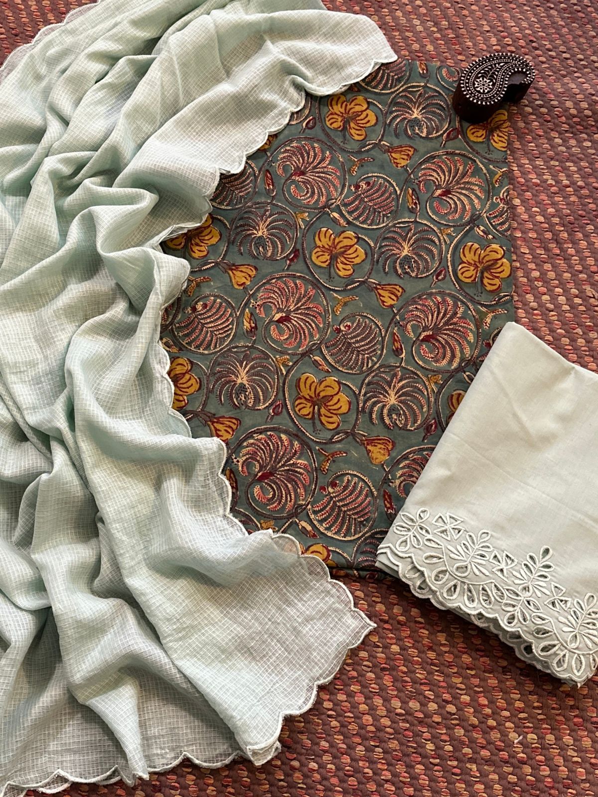 Pure Cotton Malmal Hand-blocked Fabric with Cutwork Bottom & Kota Doria Dupatta