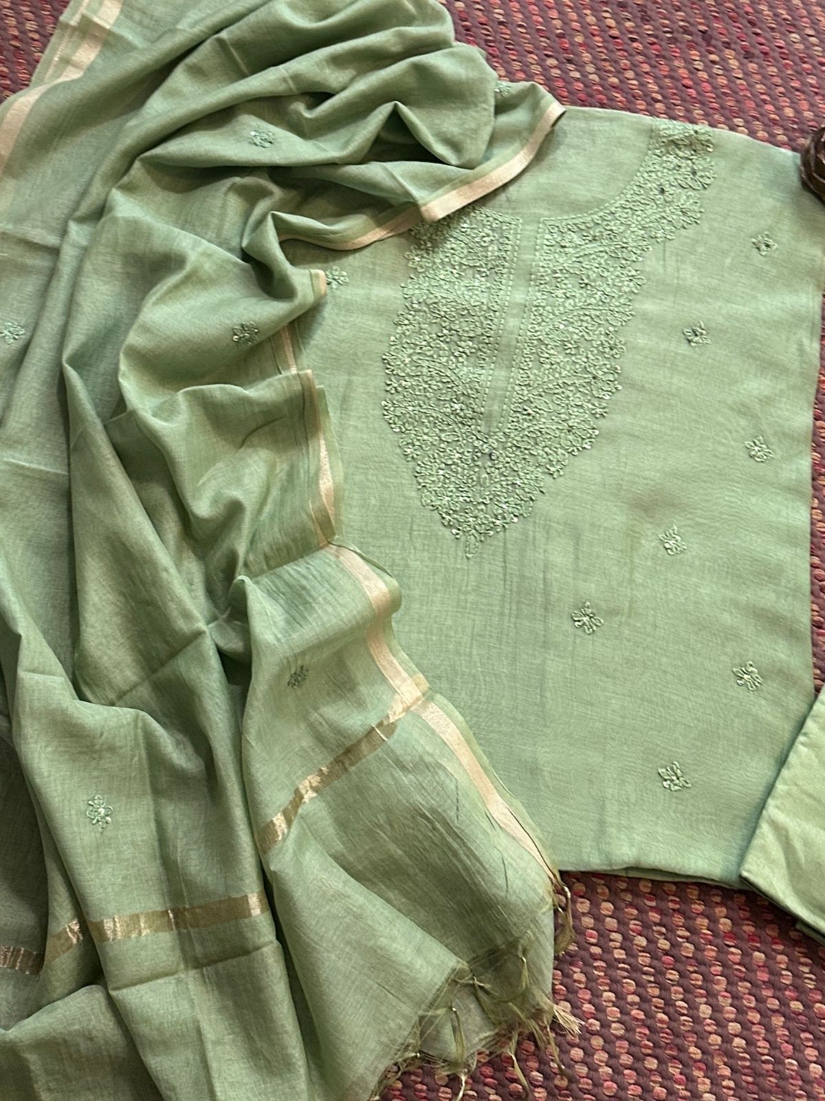 Premium Subtle Green Shade Malmal Maheswari Chikankari Set