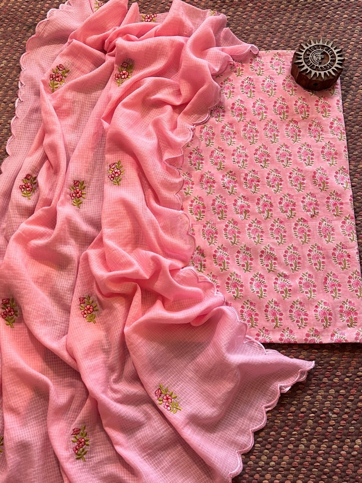 Pure Cotton Hand-blocked fabric with Embroidered Dupatta