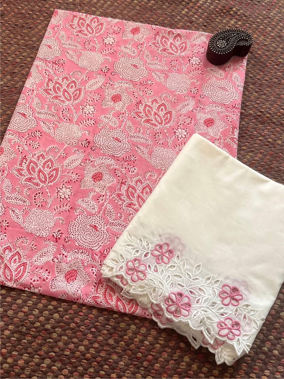 Pure Cotton fabric with Cutwork Bottom Unstitched Set
