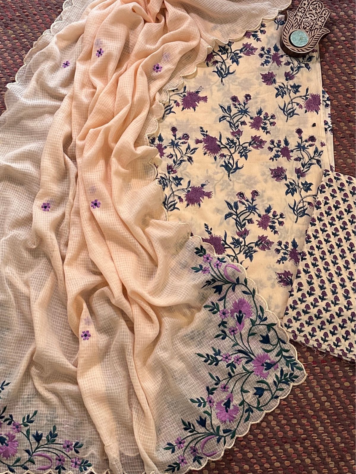 Pure Cotton Handblock Fabric Set with Embroidered Dupatta