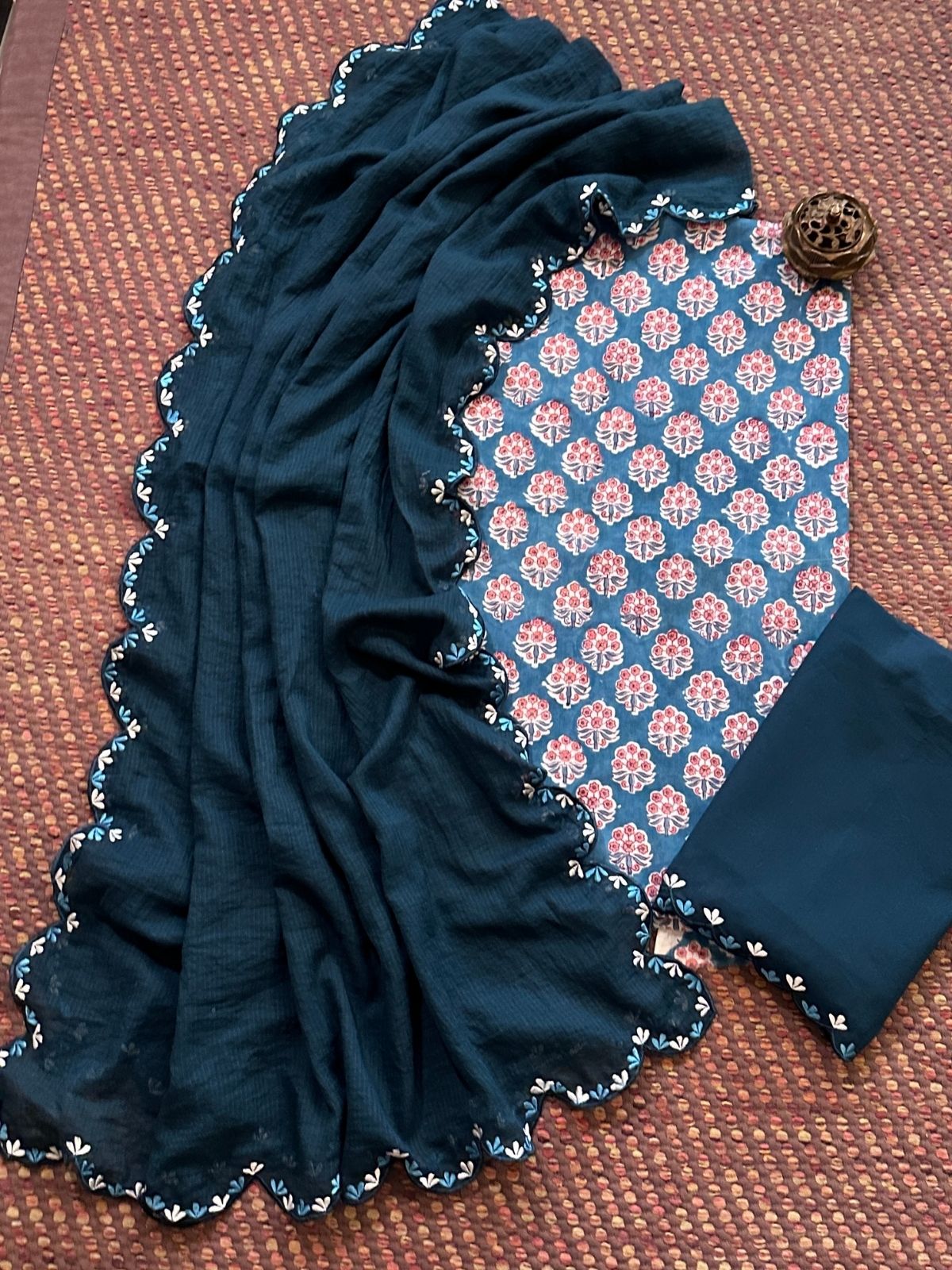 Pure Cotton Hand-block Fabric with Embroidered Bottom & Kota Doria Dupatta