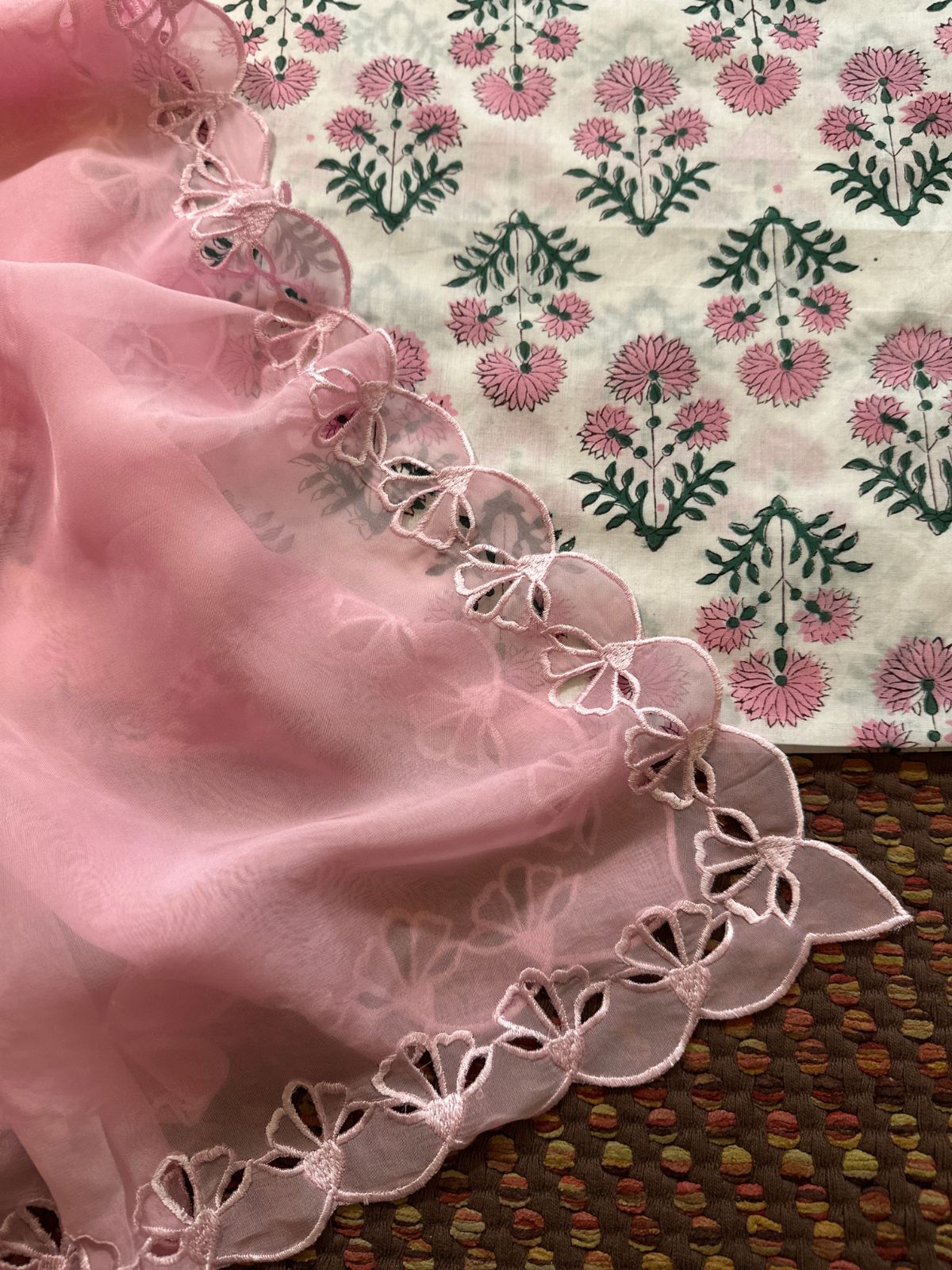 Pure Cotton Handblocked Fabric with Exclusive Cutwork Organza Dupatta