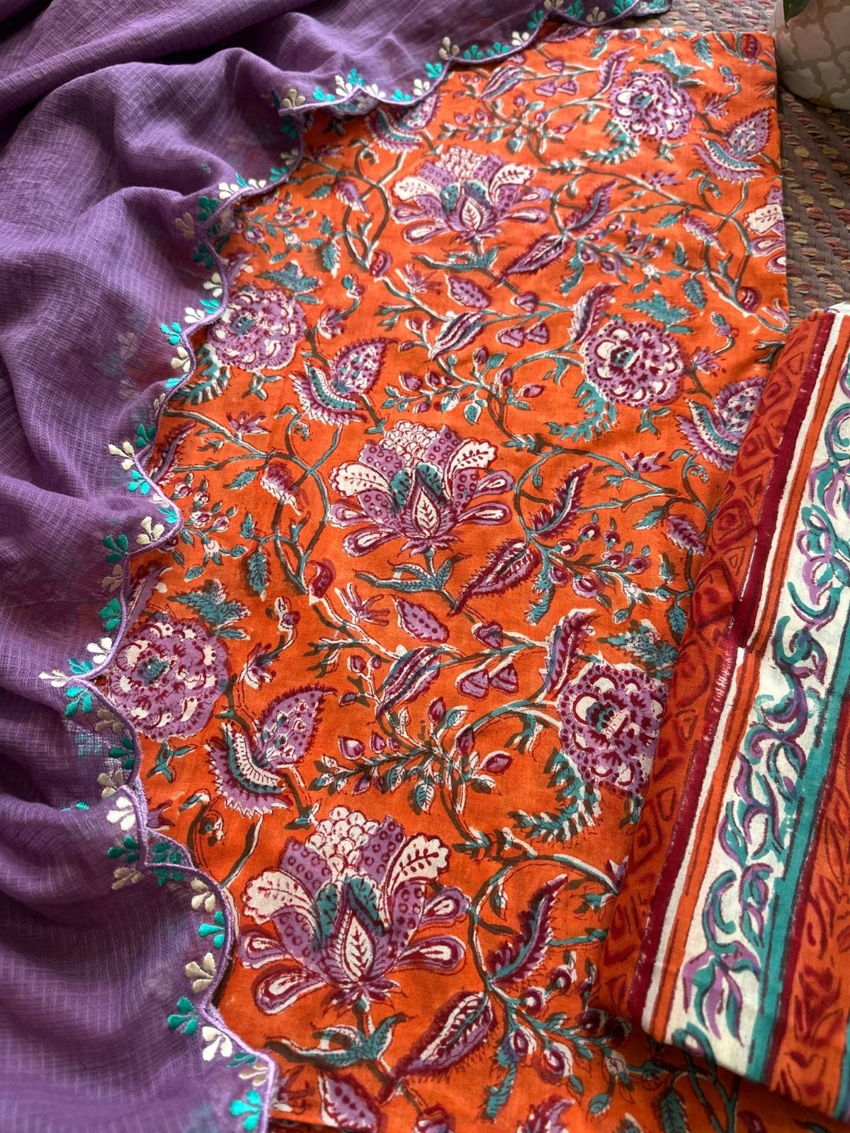 Pure Cotton Mul Hand-blocked Set with Embroidered Dupatta