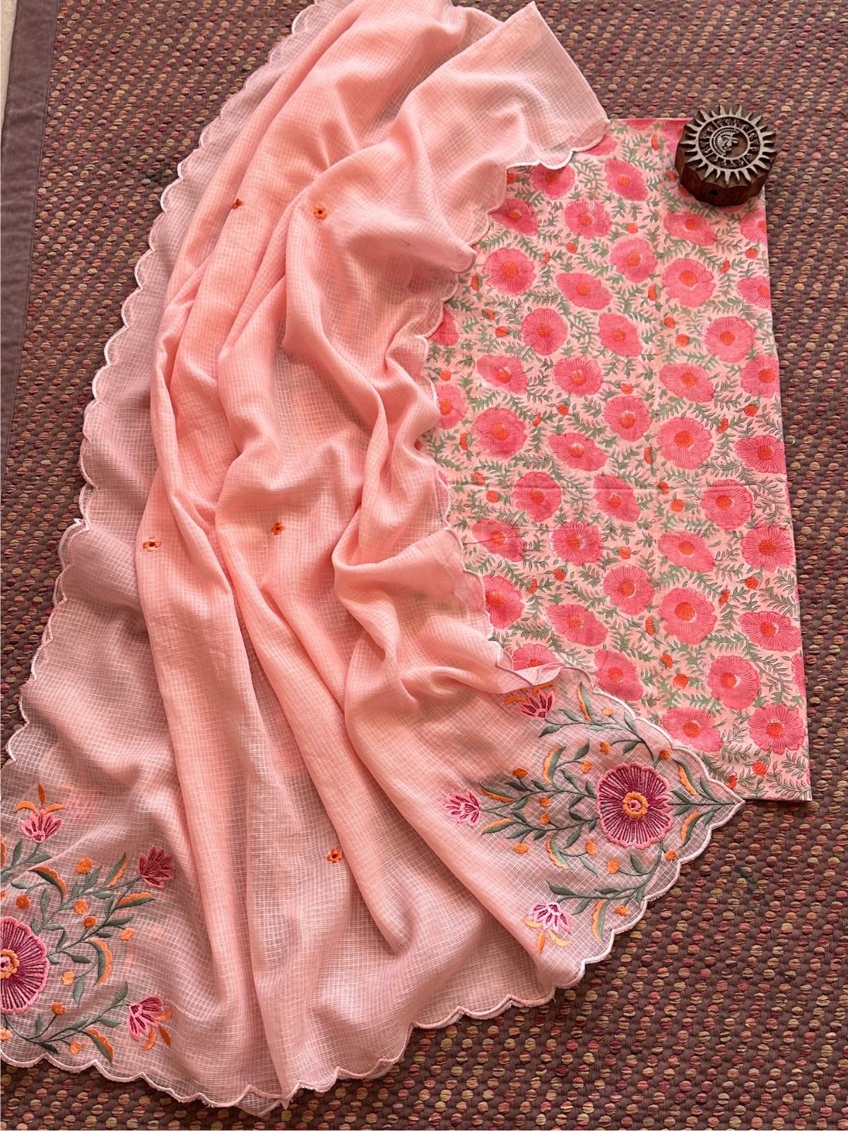 Pure Cotton Hand-blocked fabric set with Embroidered Dupatta