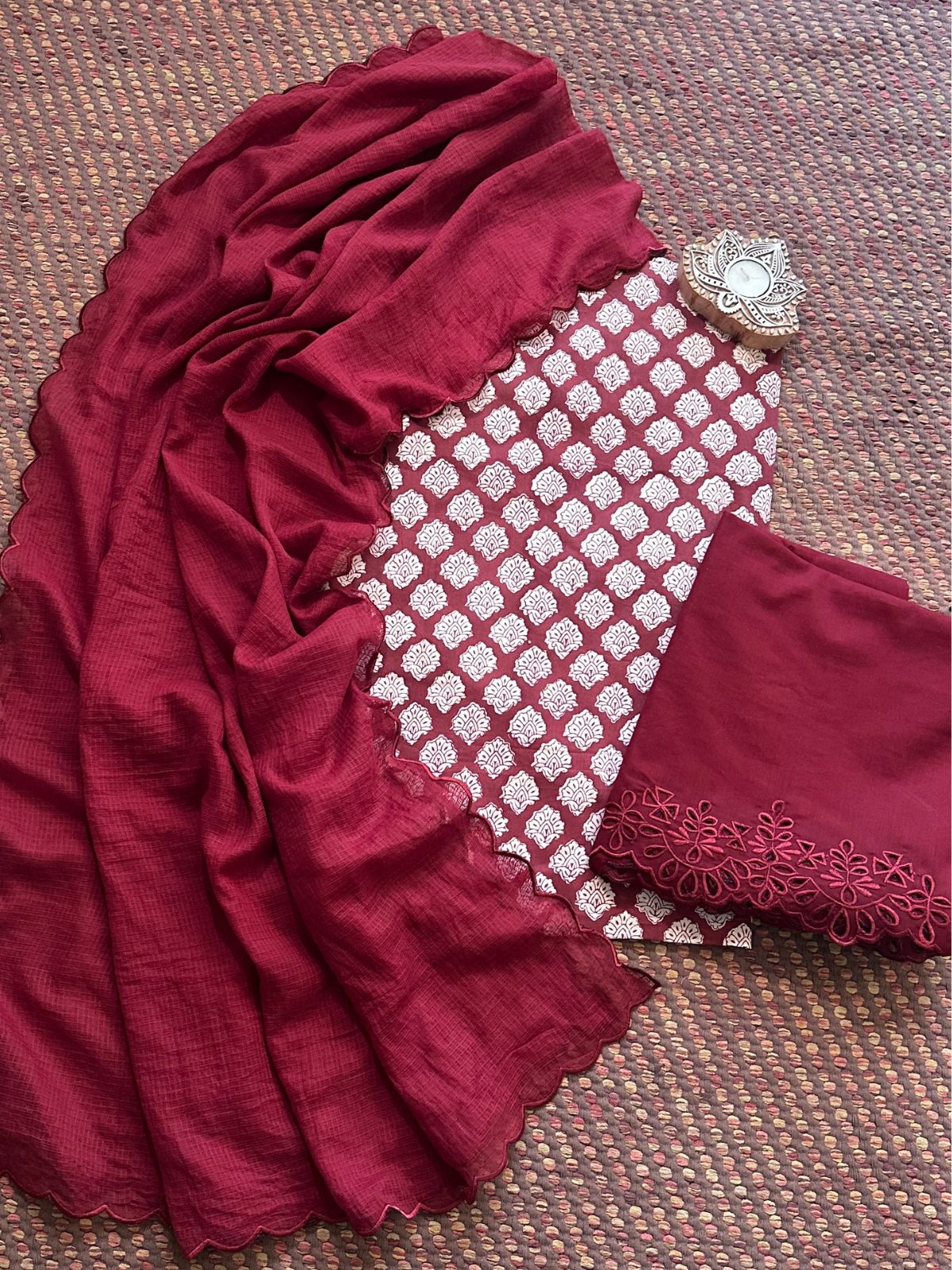 Pure Cotton Hand-blocked Fabric with Cutwork Bottom & Kota Doria Dupatta
