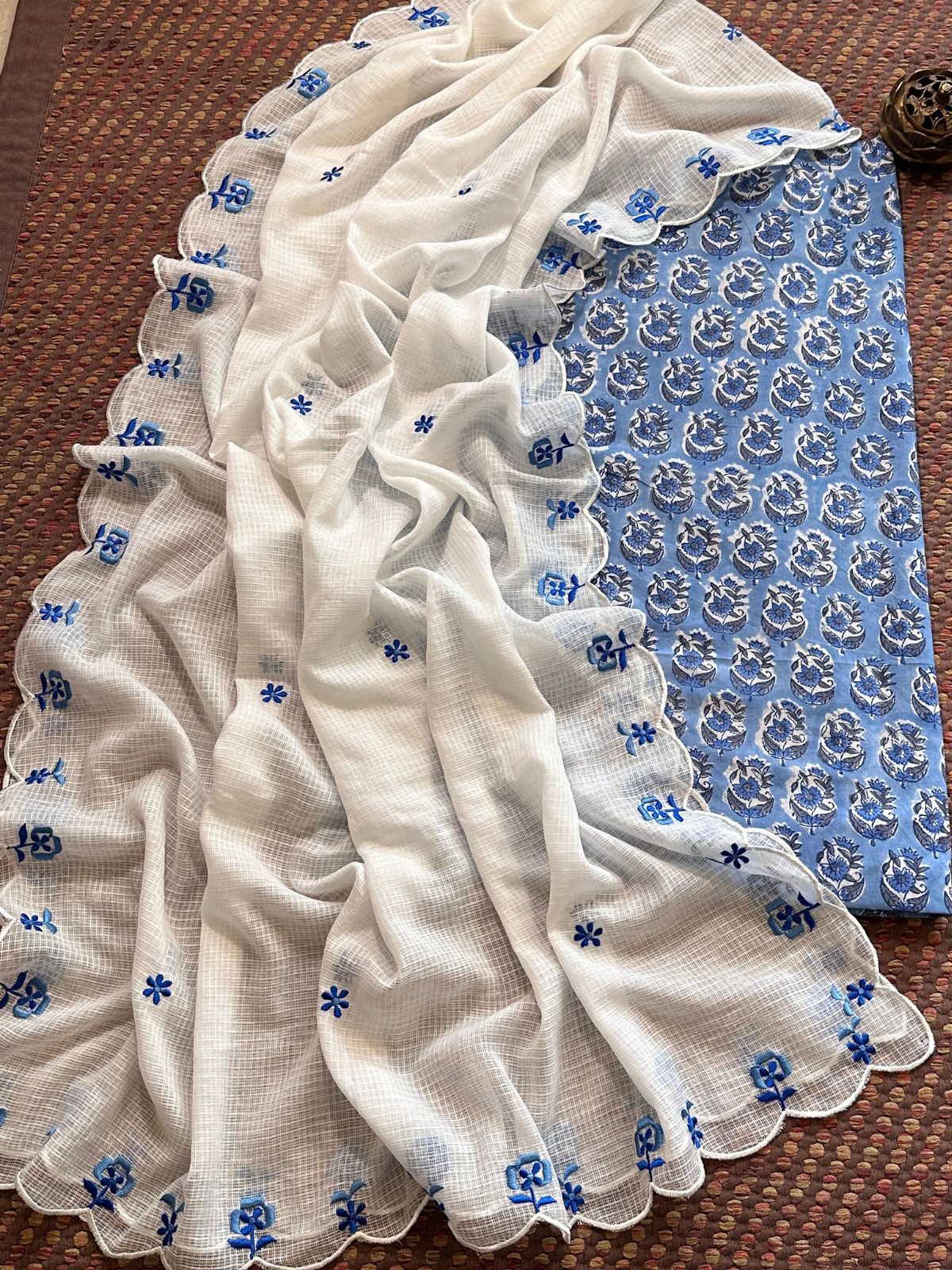 Pure Cotton Handblocked Fabric with Embroidered Dupatta