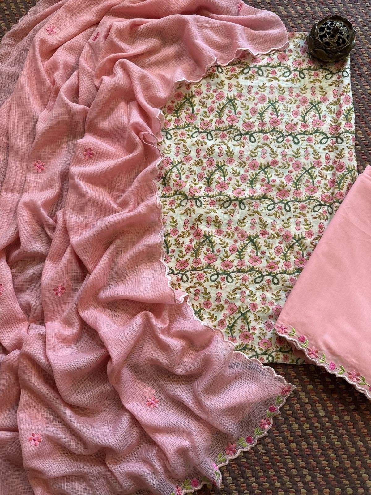 Pure Cotton Malmal Handblocked Fabric with Embroidered Dupatta & Bottom