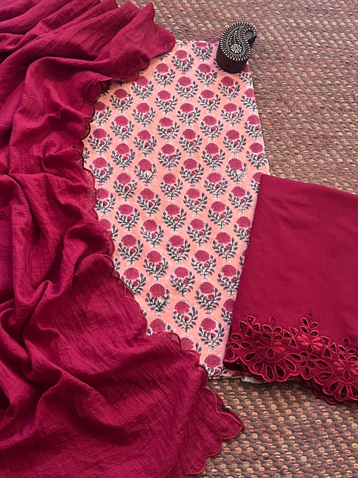 Pure Cotton Hand-blocked Fabric with Cutwork Bottom & Kota Doria Dupatta