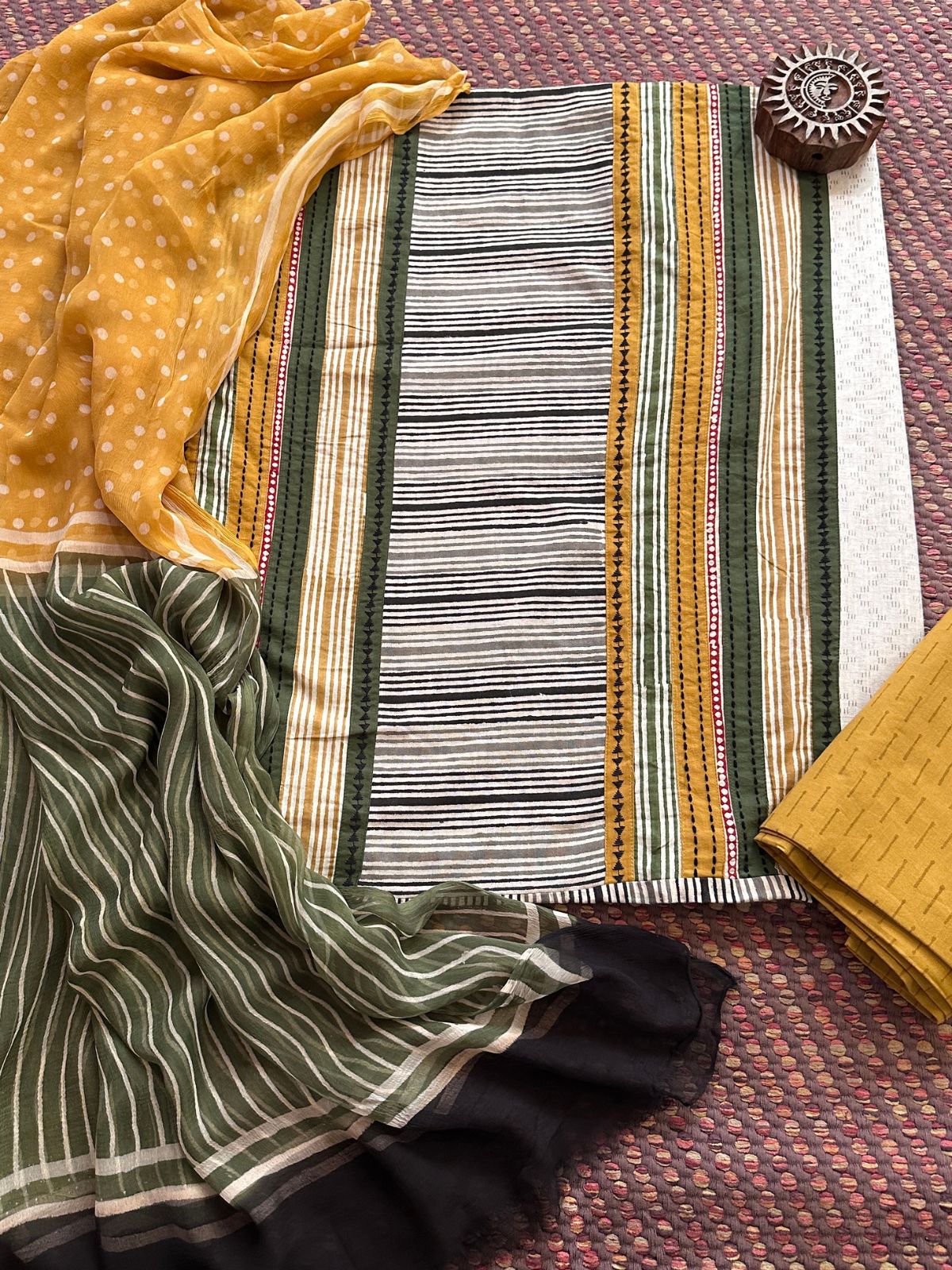 Pure Cotton Patch work Unstitched Set with pure chiffon Dupatta