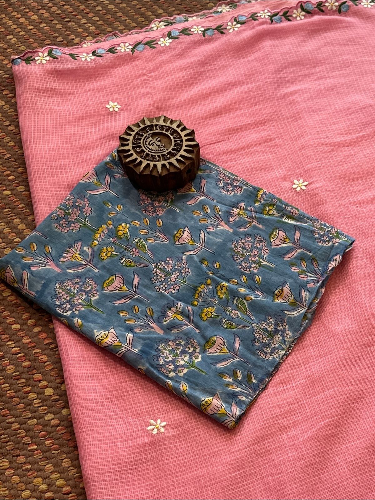 Kota Doria Embroidered Saree with Hand Block Blouse fabric