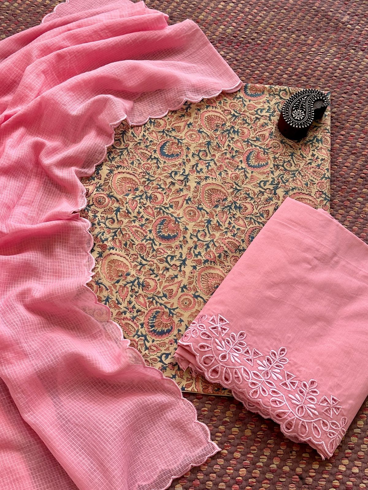 Pure Cotton Hand-blocked Fabric with Cutwork Bottom & Kota Doria Dupatta