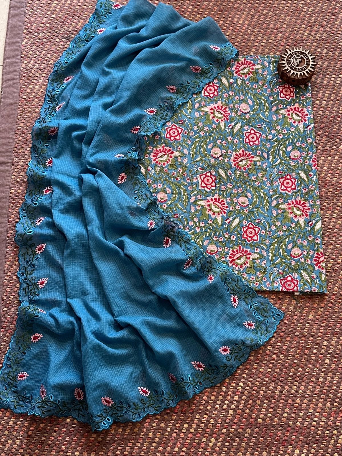 Pure Cotton Handblock Fabric with Cutwork Embroidered Dupatta