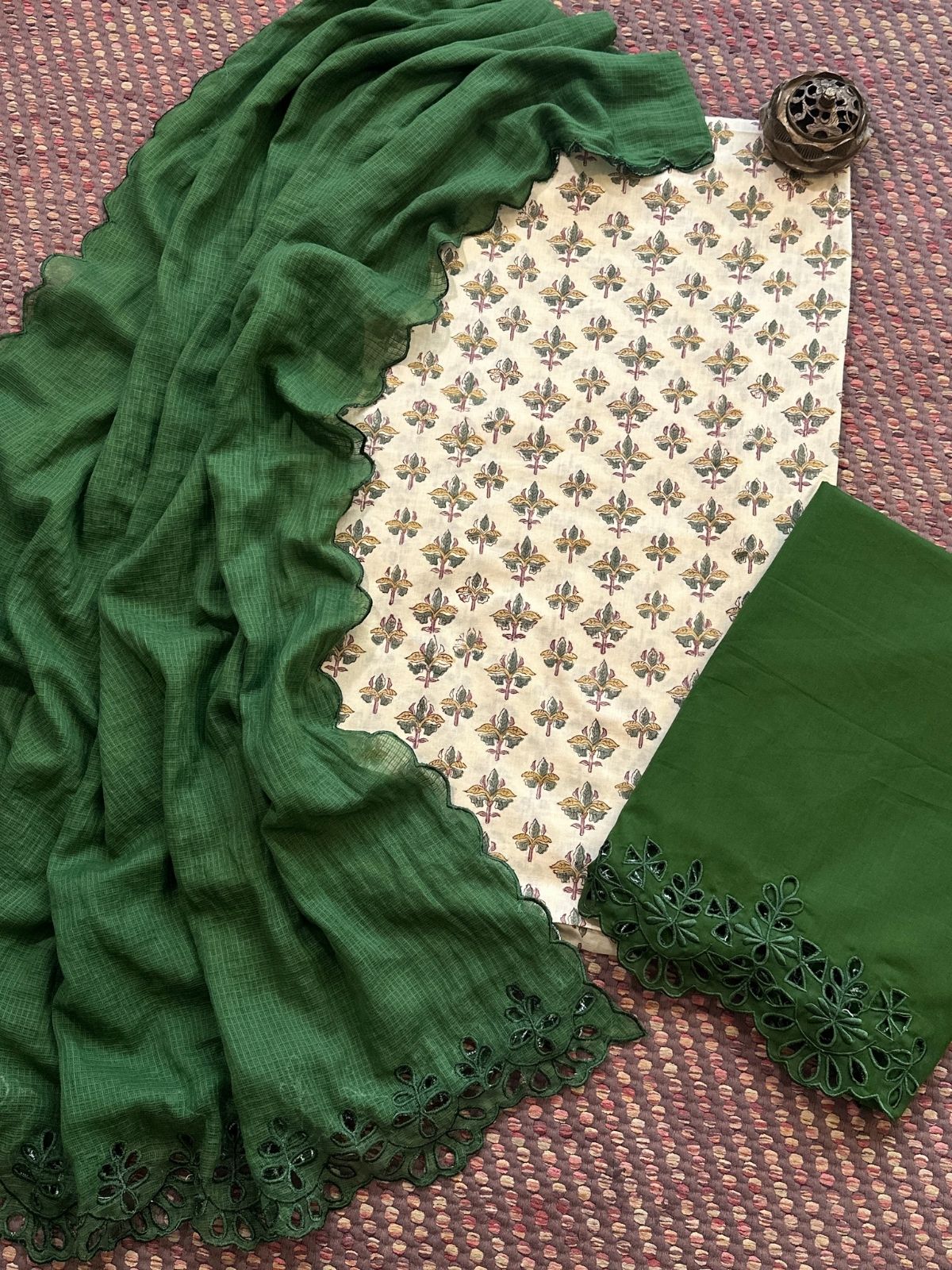 Pure Cotton Hand-blocked Fabric with Cutwork Bottom & Kota Doria Dupatta