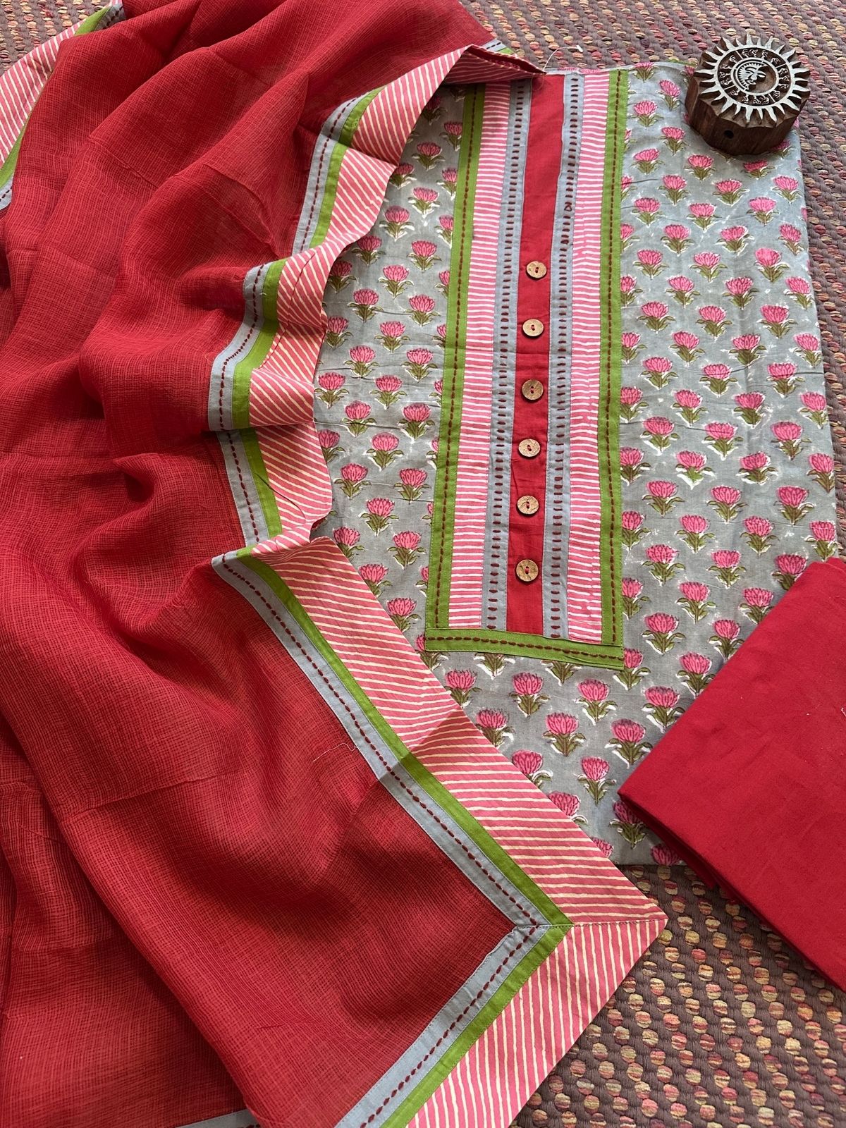 Pure Cotton Unstitched Set with Kota Dupatta