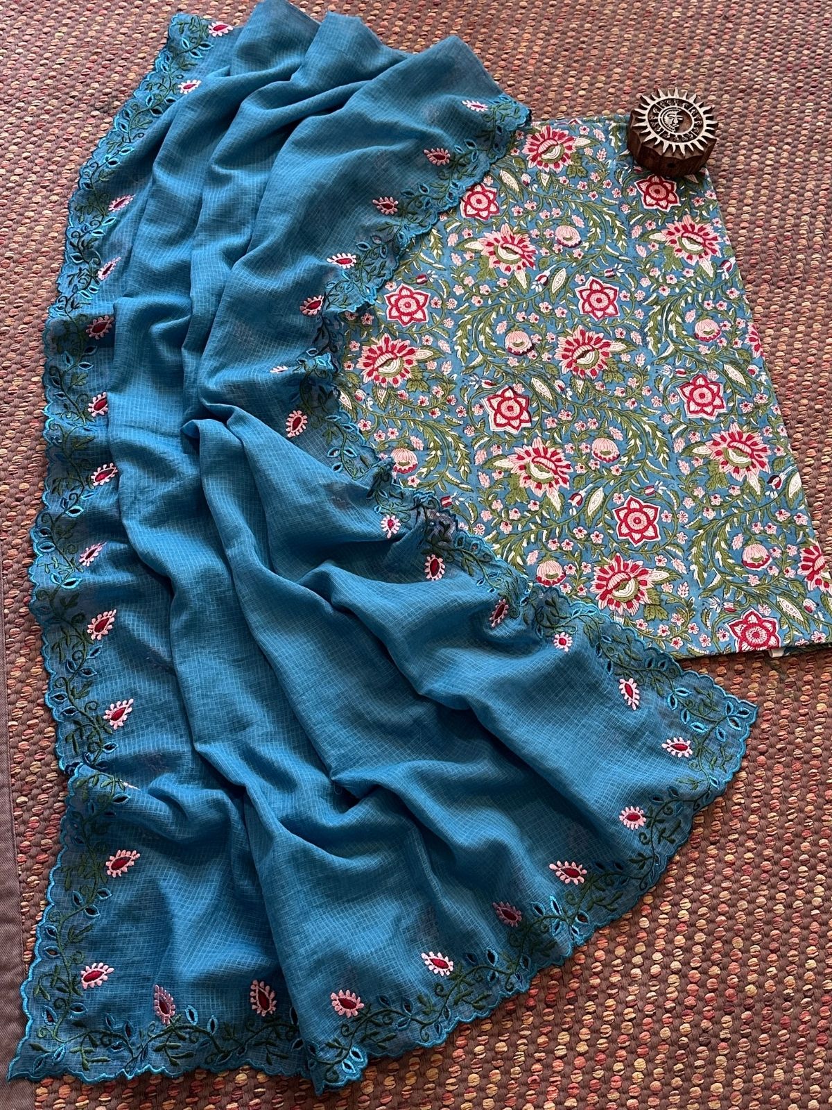 Pure Cotton Handblock Fabric with Cutwork Embroidered Dupatta