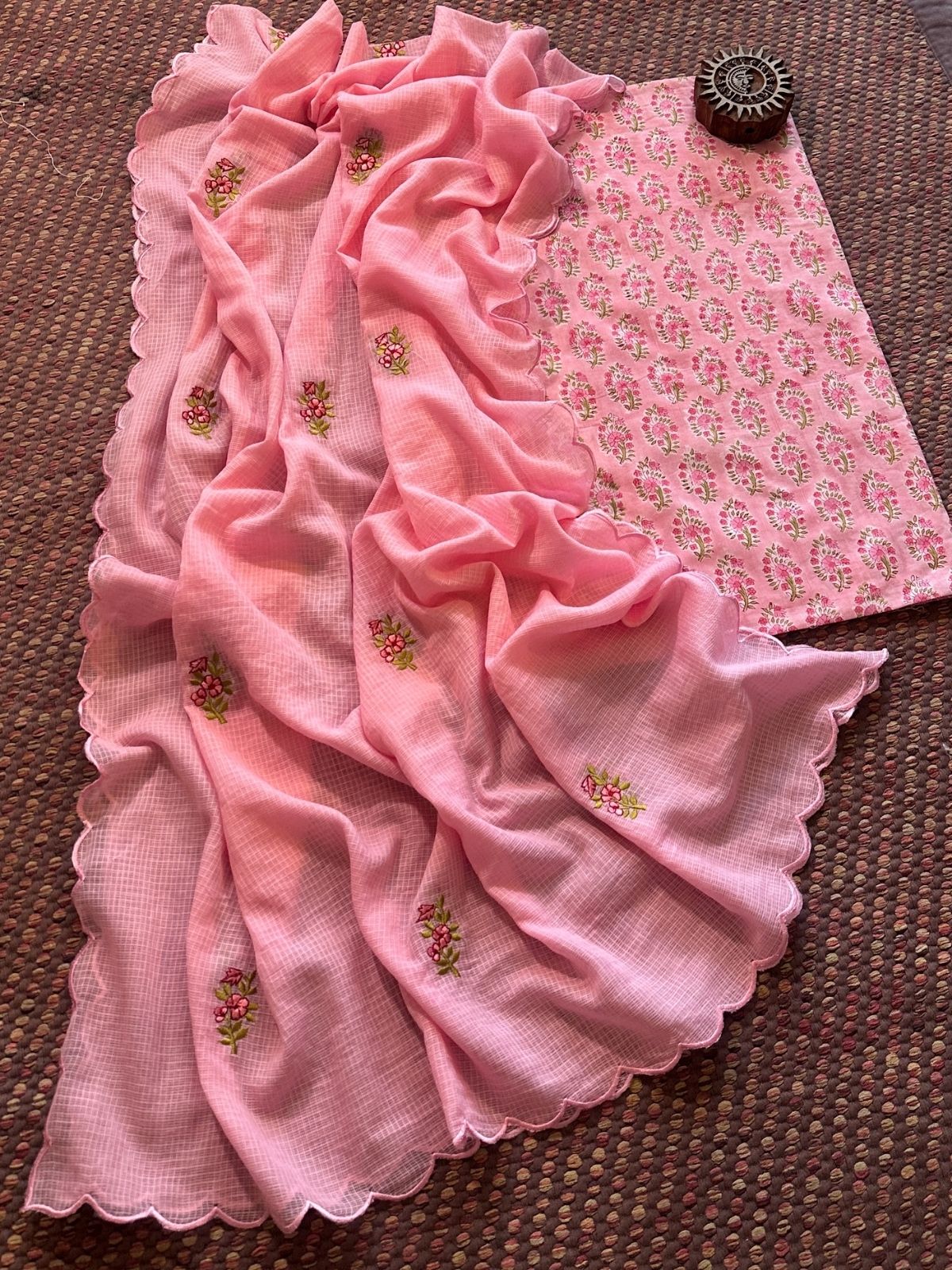 Pure Cotton Hand-blocked fabric with Embroidered Dupatta