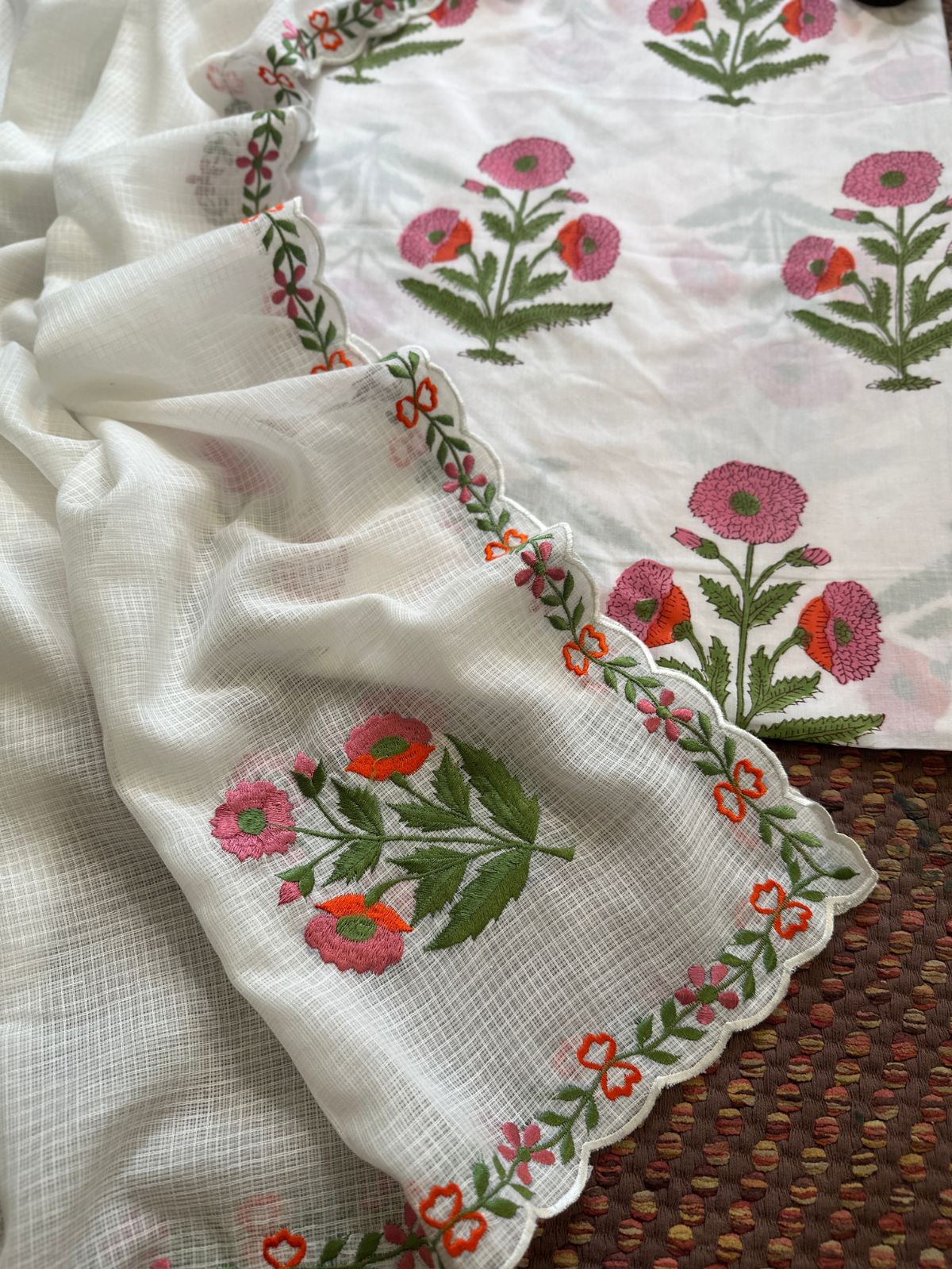 Pure Cotton Handblock Fabric with Exclusive Embroidered Dupatta