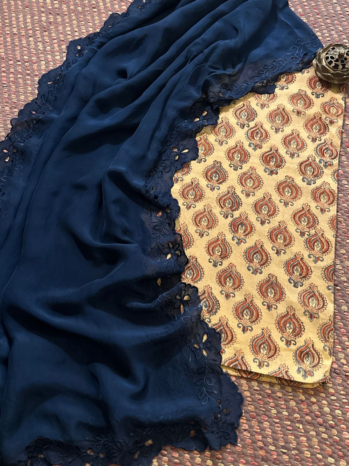 Pure Cotton malmal Handblocked Fabric with Exclusive Cutwork Organza Dupatta