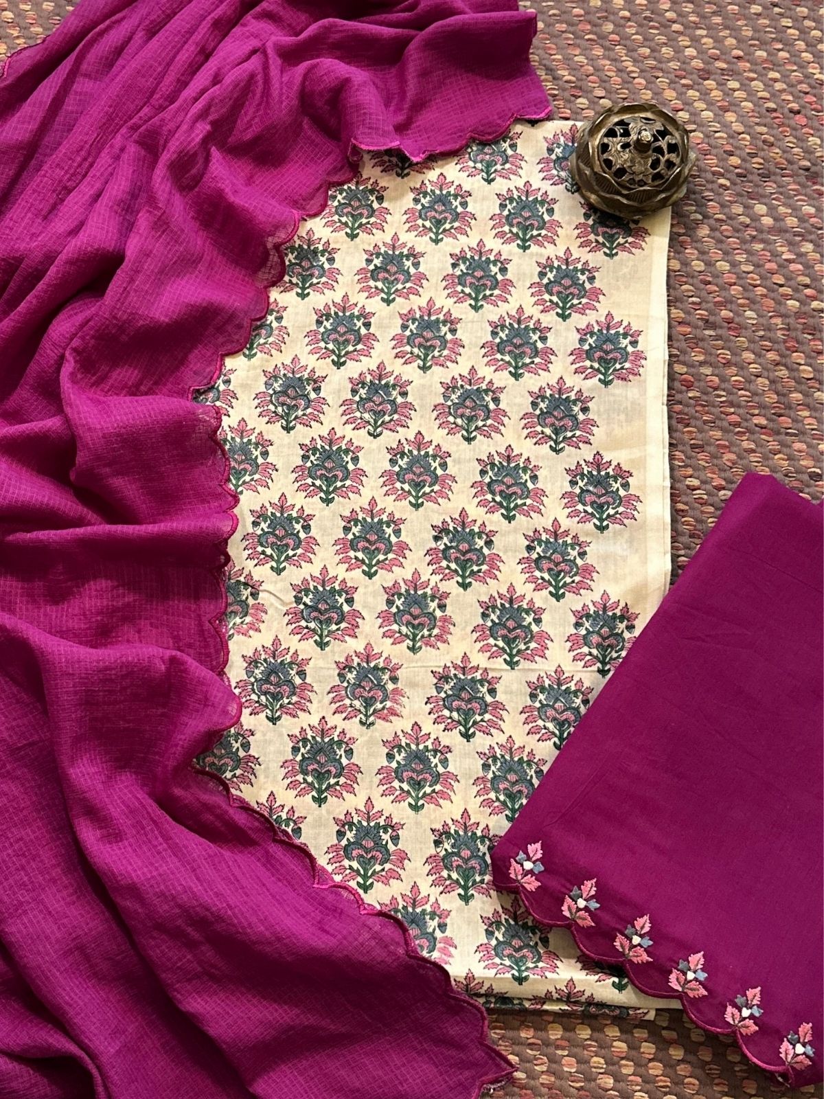 Pure Cotton Malmal Handblocked Unstitched Set