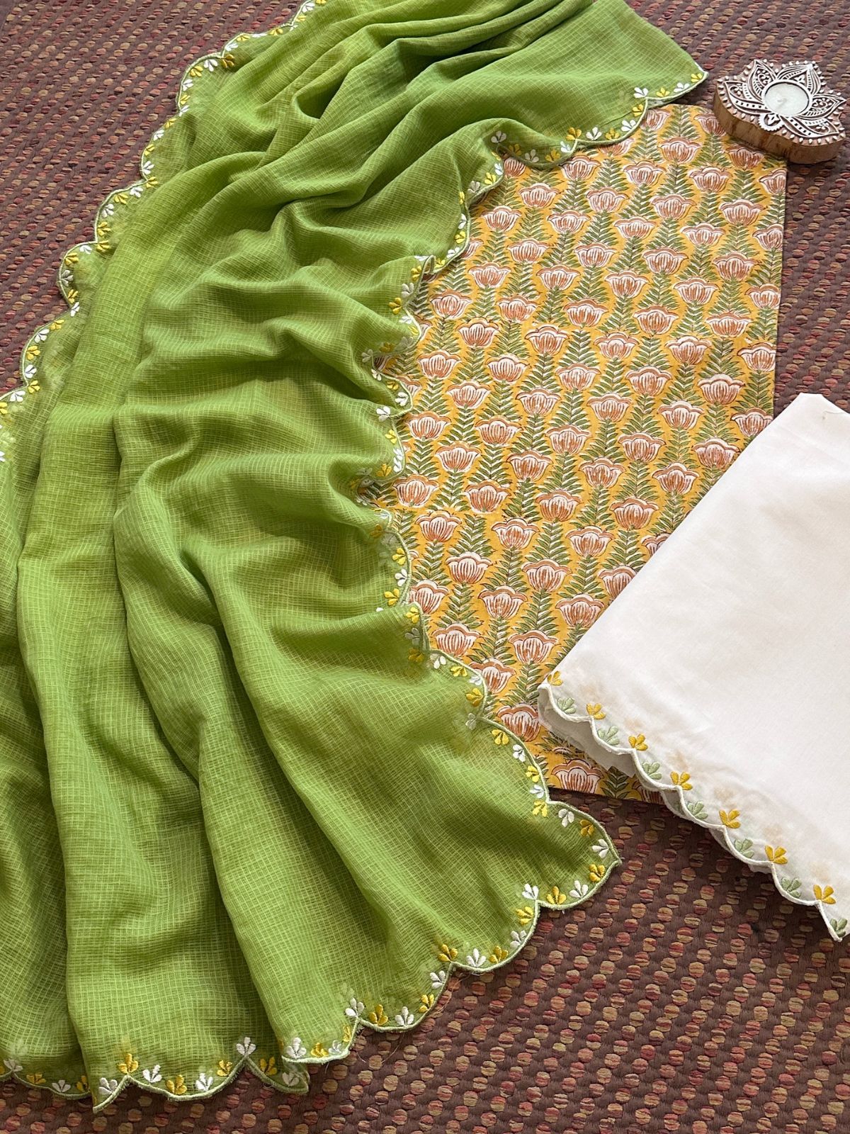 Pure Cotton Hand blocked Set with Embroidered Dupatta