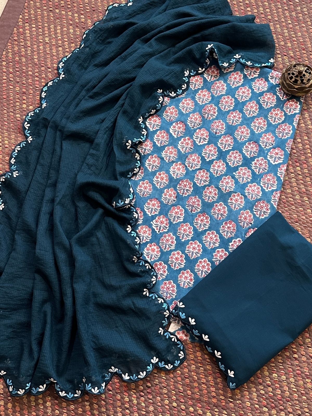 Pure Cotton Hand-block Fabric with Embroidered Bottom & Kota Doria Dupatta