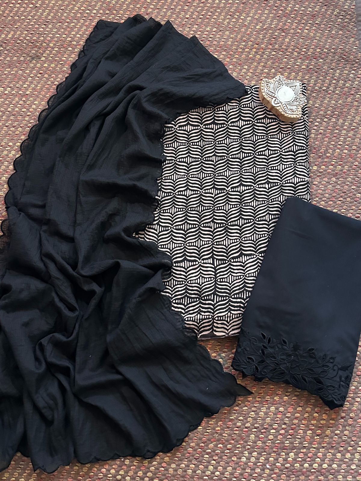 Pure Cotton Mul Ajrak with Scalloped Dupatta & Cutwork Bottom